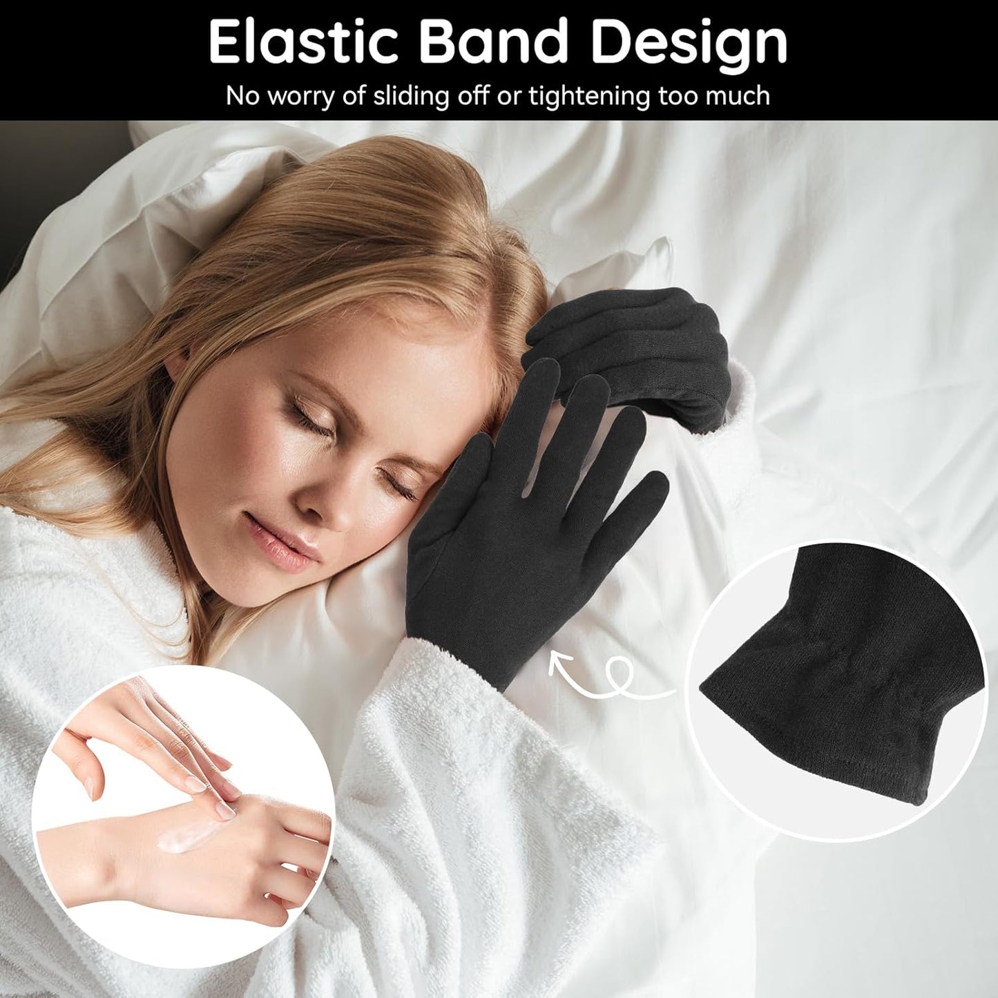 Segbeauty 24 Counts Elastic Black Cotton Gloves for Dry Hands, 12 Pairs Overnight Moisture Lotion Cotton Gloves with Elastic Band for Sleeping Driving Typing, Home Spa Sleep Glove Reusable Soft Glove