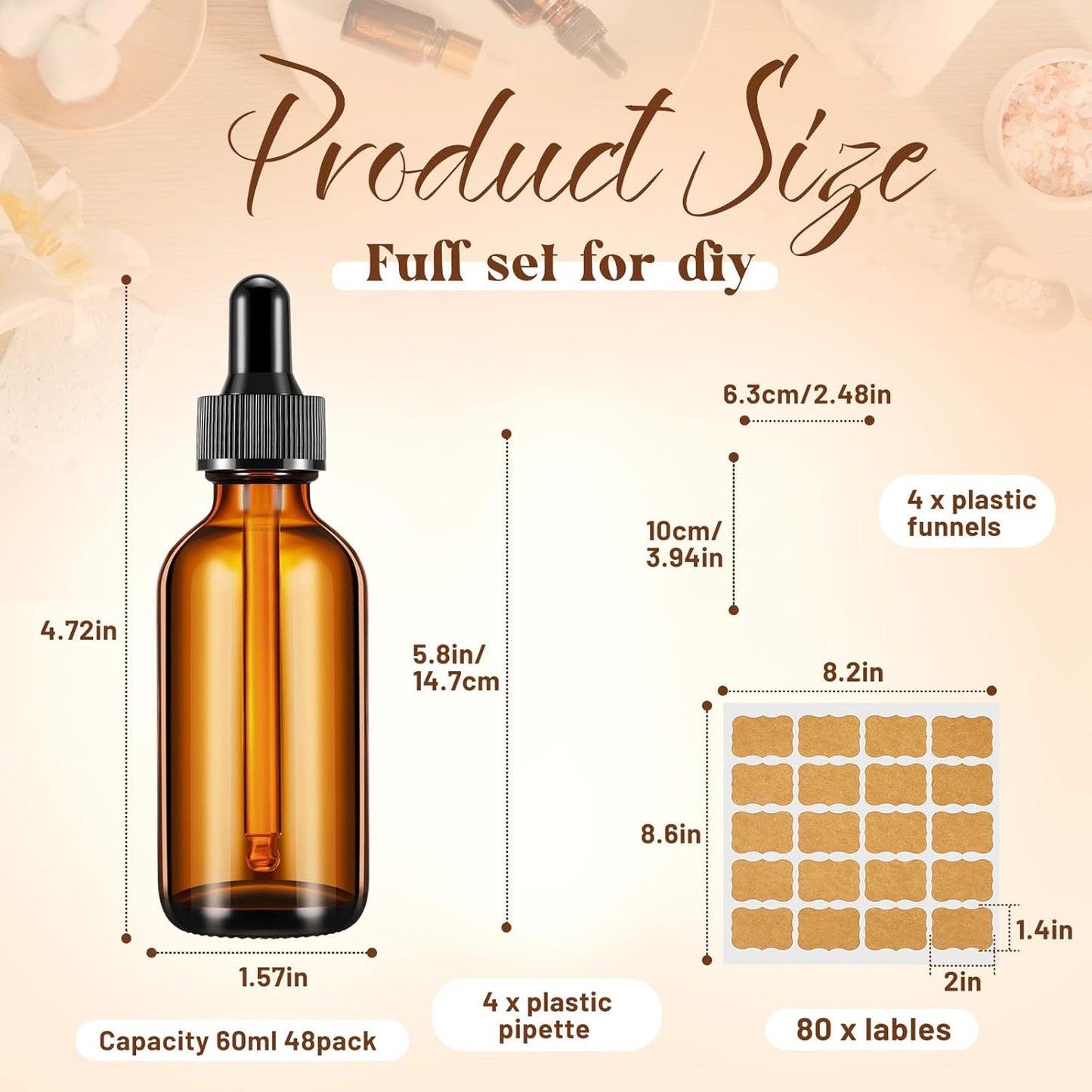 Lallisa 48 Pcs Glass Dropper Bottles with Eye Dropper Dispensers Lab Dropping Bottles with 4 Pcs Long Pipettes 4 Funnel and 80 Label for Travel Cuticle Massage Essential Oils Perfume (Amber,2 oz)