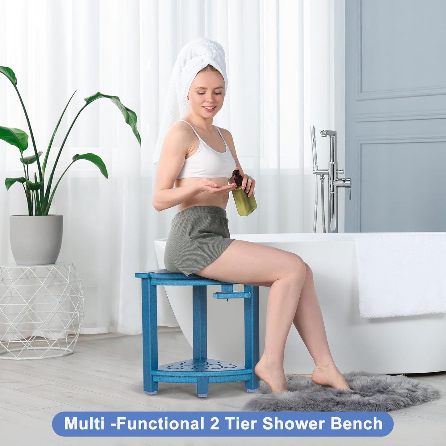 nalone Corner Shower Stool, HDPE Shower Bench for Inside Shower, Small Shower Chair Seat for Shaving Legs with Storage Shelf, Soap Box and No-Slip Feet (Navy Blue)
