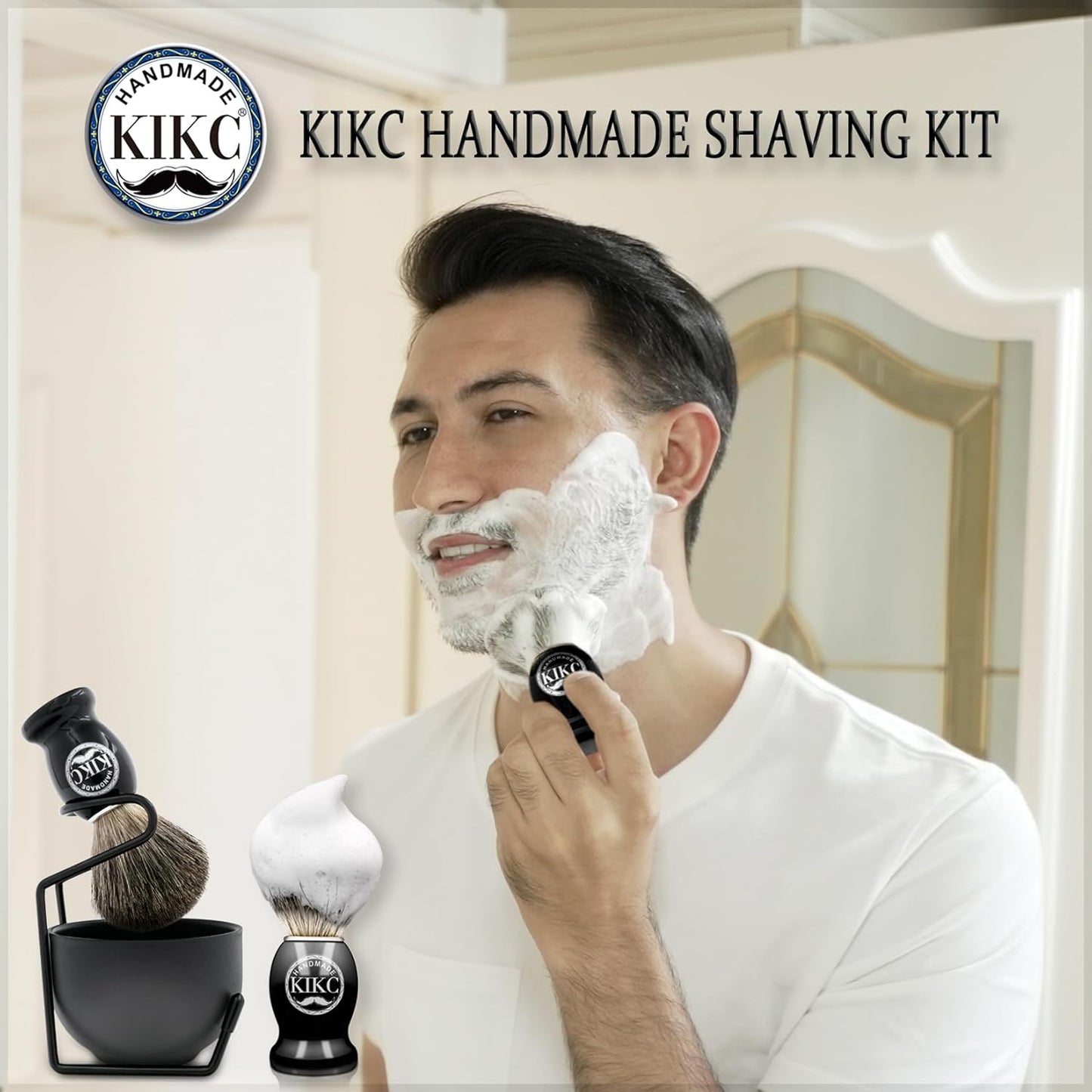 5 in 1 Shaving Kit for Wet Shave, Set Includes Hand Crafted Pure Badger Shave Brush, Stainless Steel Lathering Soap Bowl, Shave Brush Stand, Shaving Cream, Best Gift for Bearded Man, Deluxe Black