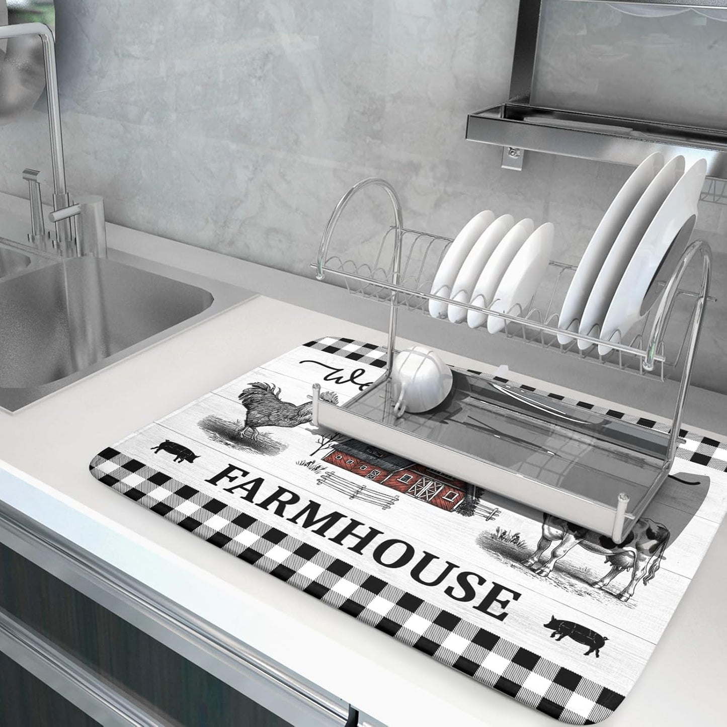 Farmhouse Barn Dish Drying Mat 18x24 Inch Cow Rooster Absorbent Microfiber Dish Drainer Rack Pad Bottles Protector for Kitchen Counter