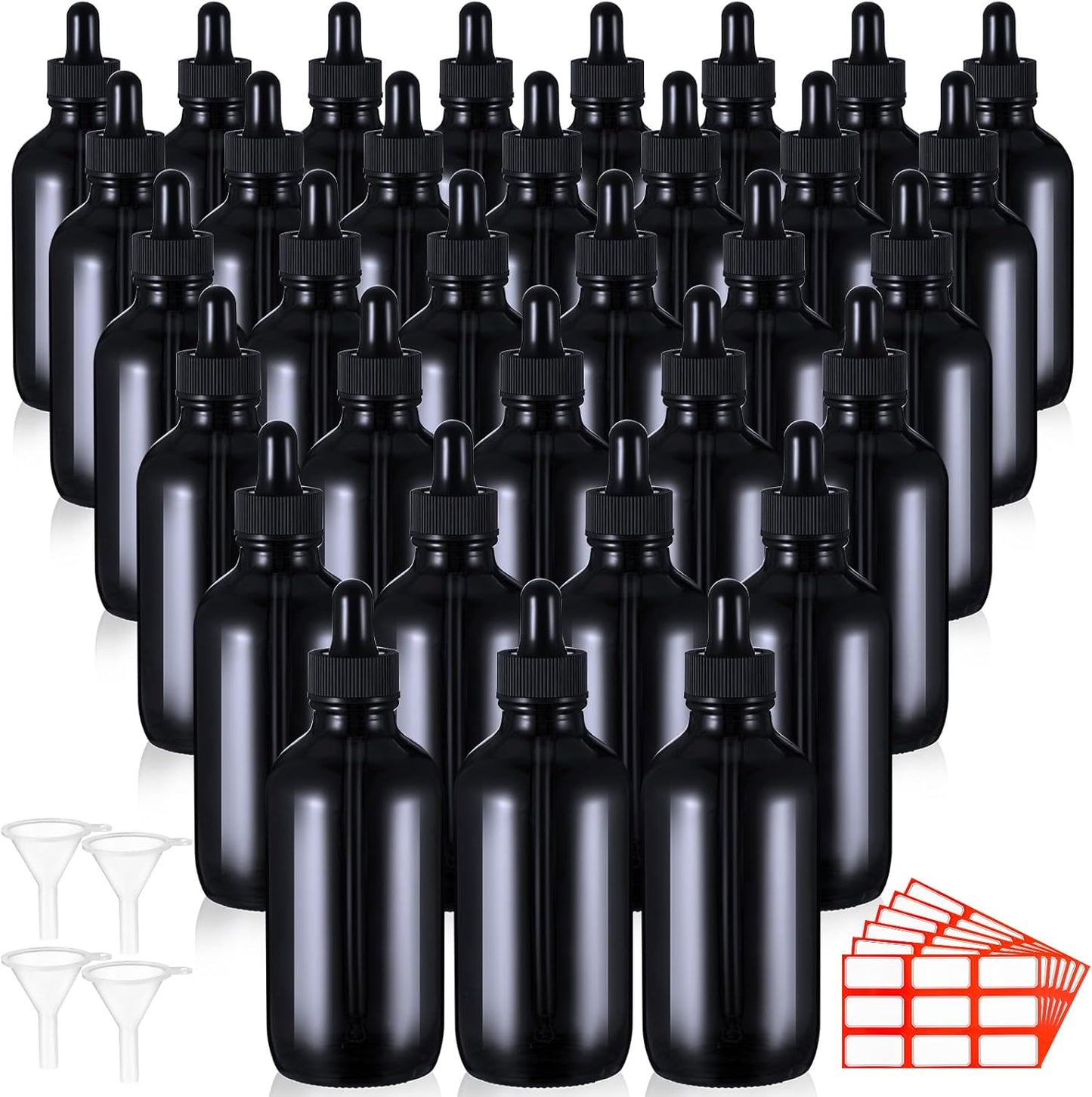 Dandat 50 Pack 4 oz Glass Dropper Bottles Leakproof 120 ml Glass Tincture Bottles with Eye Droppers, 4 Funnels, 54 Labels for Essential Oil Perfumes Hair Oil(Black)