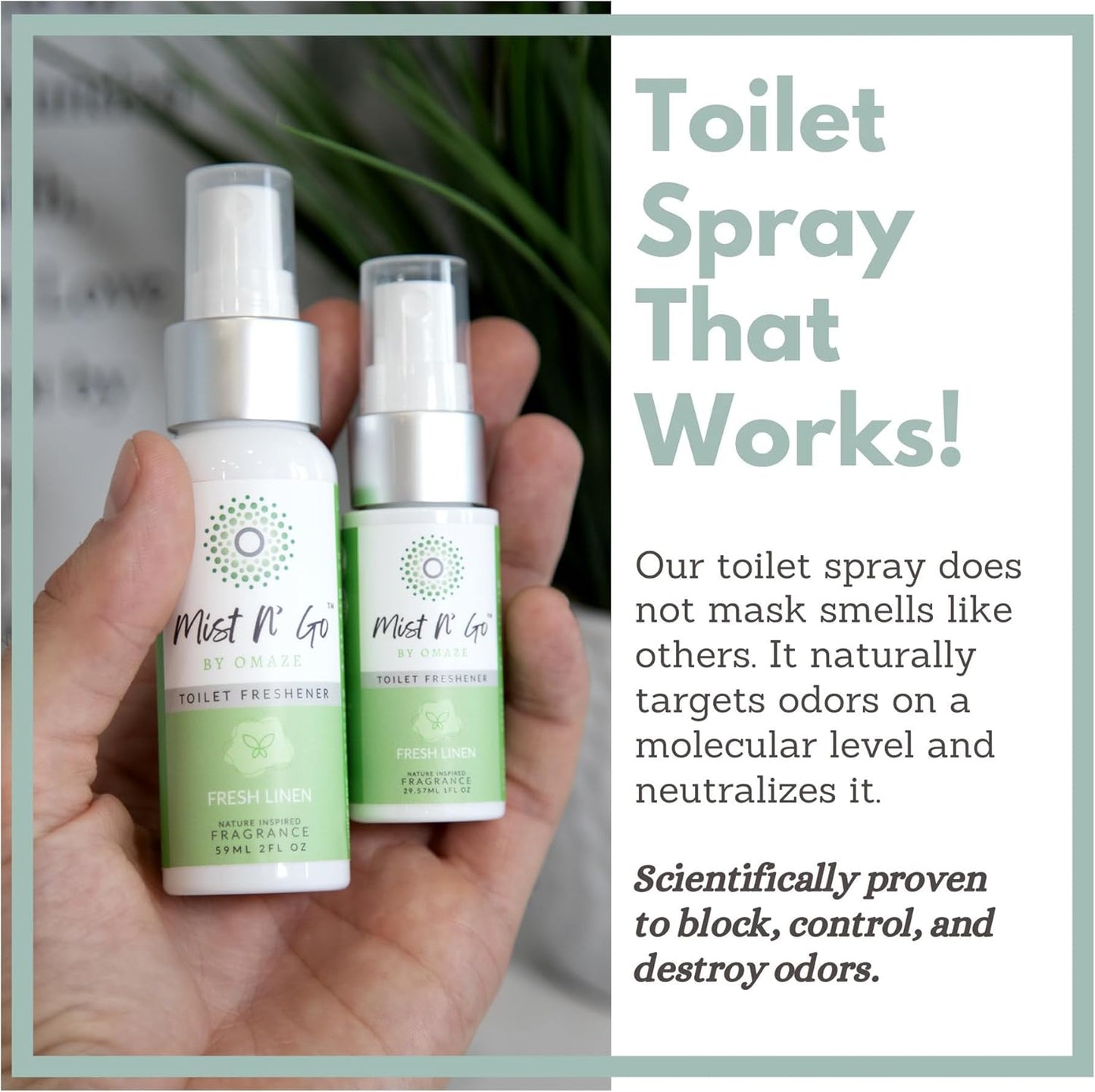 Mist N' Go by Omaze Travel Bathroom Spray - Toilet Odor Eliminator & Air Freshener - Fresh Linen (1oz)