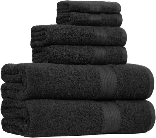 Amazon Basics 6 Piece Oversized Fade resistant Towel set, 100% Cotton towels for bathroom, soft and absorbent, 2 Bath Towels, 2 Hand Towels and 2 Washcloths bathroom towel set, Black