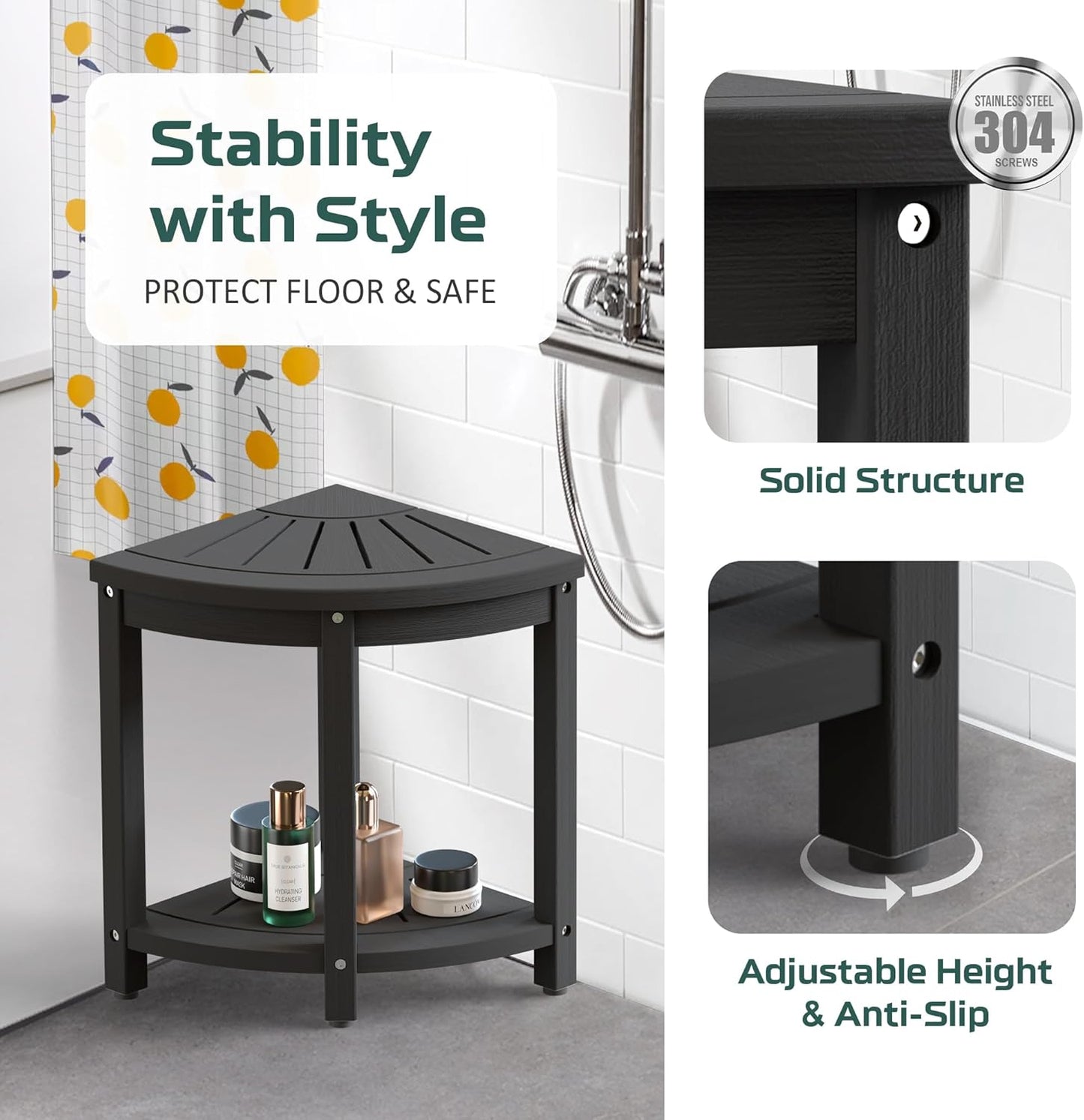 Corner Shower Stool for Inside Shower Waterproof, HIPS Poly Lumber Shower Bench Seat Chair, Bath Shower Stool for Shaving Legs Foot Rest with Adjustable & Non-Slip Feet, Load 400 lbs, Black