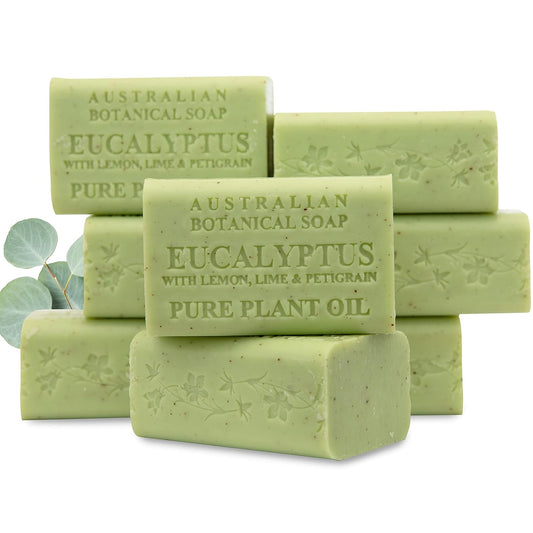 Australian Botanical Soap, 6.6 OZ, Eucalyptus, Lemon, Lime, and Petitgrain, Triple Milled Bars made with a Natural Soap Base and Enriched with Organic Shea Butter, Pack of 8
