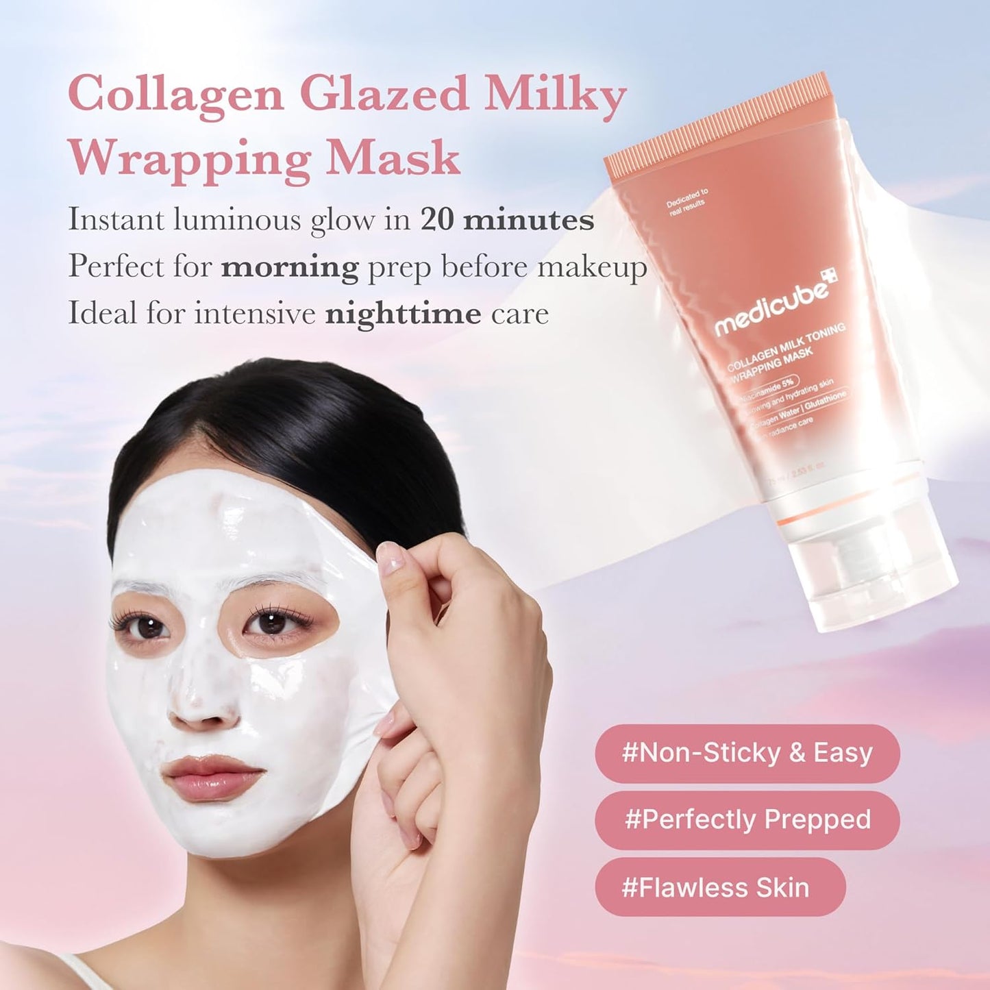 medicube Collagen Glazed Milky Glow Daytime Wrapping Mask | Quick & Easy-to-Peel Mask for Radiance, Hydration & Smooth Texture | Glutathione, Niacinamide, 130Da Collagen for Plumped, Glass Glow Skin
