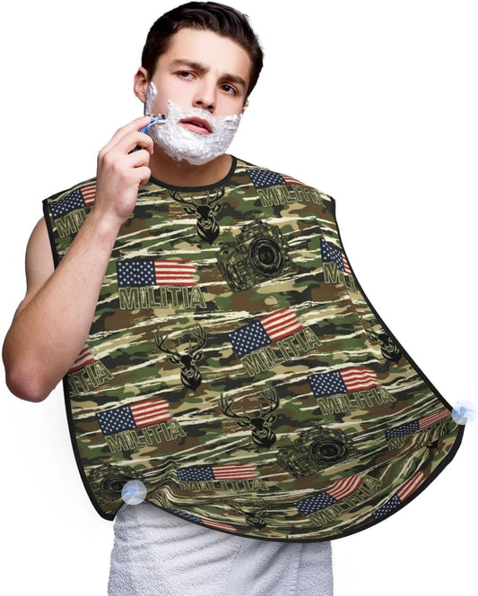 Stretchable Beard Cape, Non-Stick Hair Catcher for Trimming, Waterproof Grooming Apron, Deer Camo Camouflage American Flag Hunting Black