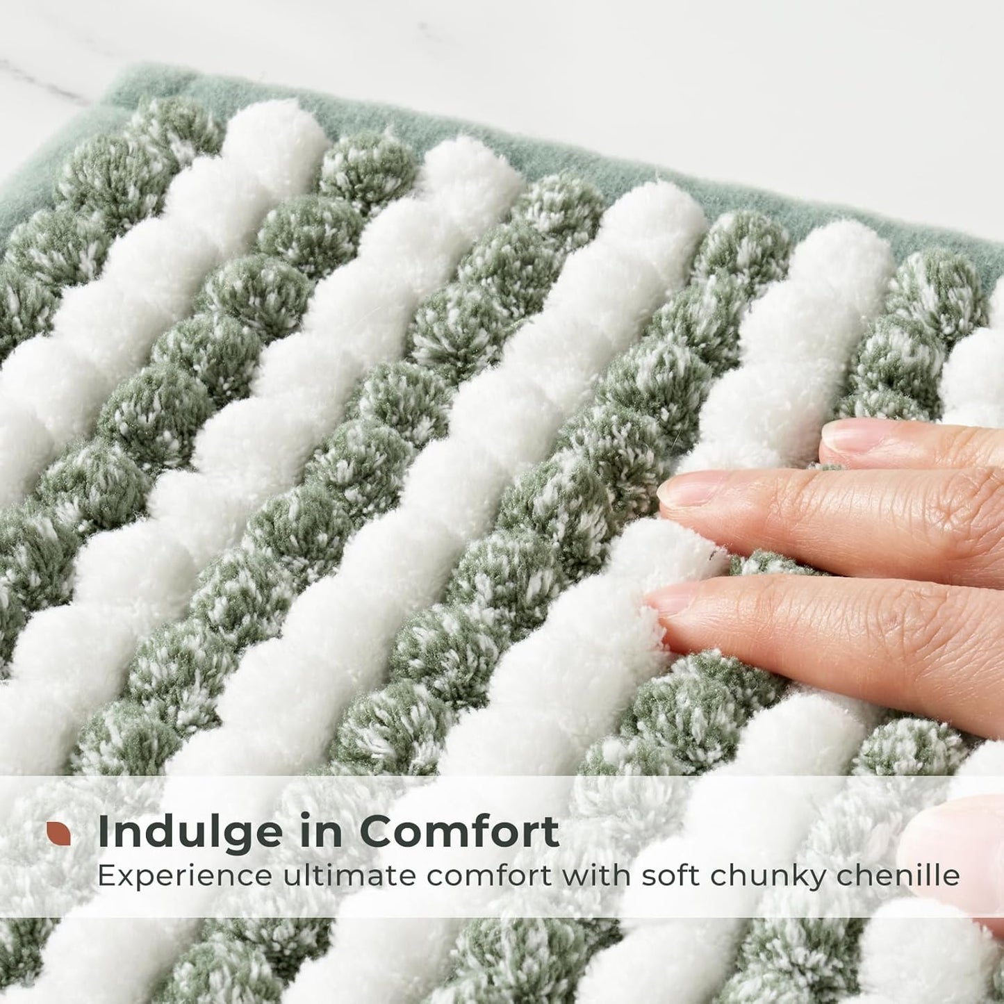 FRESHMINT Chunky Ombre Chenille Bathroom Rug 17"x24", Small Water Absorbent Soft Bath Rugs for Bathroom Floor, Thick Non Slip Bath Mat Washable Quick Dry Shower Mats, Sage Green and White