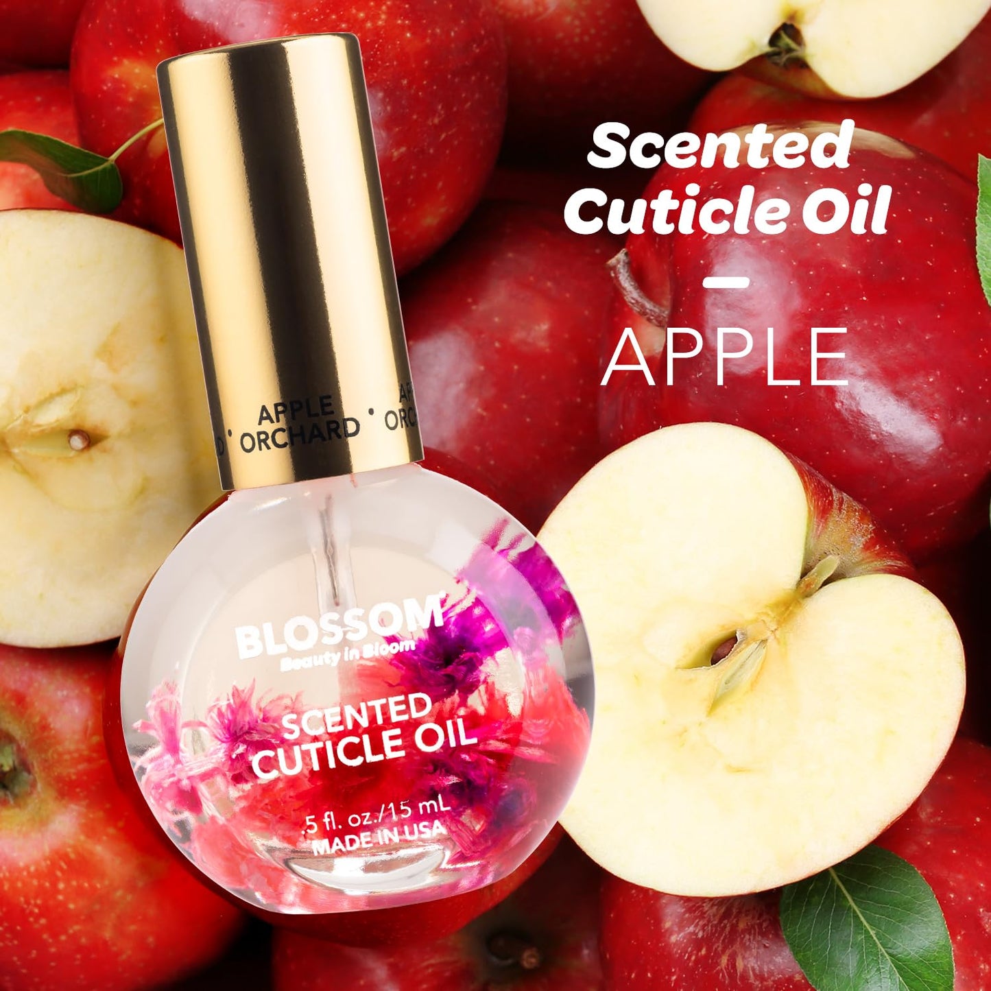 Blossom Cuticle Oil for Nails, Hydrating, Moisturizing, Scented Nail Oil Cuticle Care, Infused with Real Flowers, Made in USA, 0.5 fl. oz, Apple