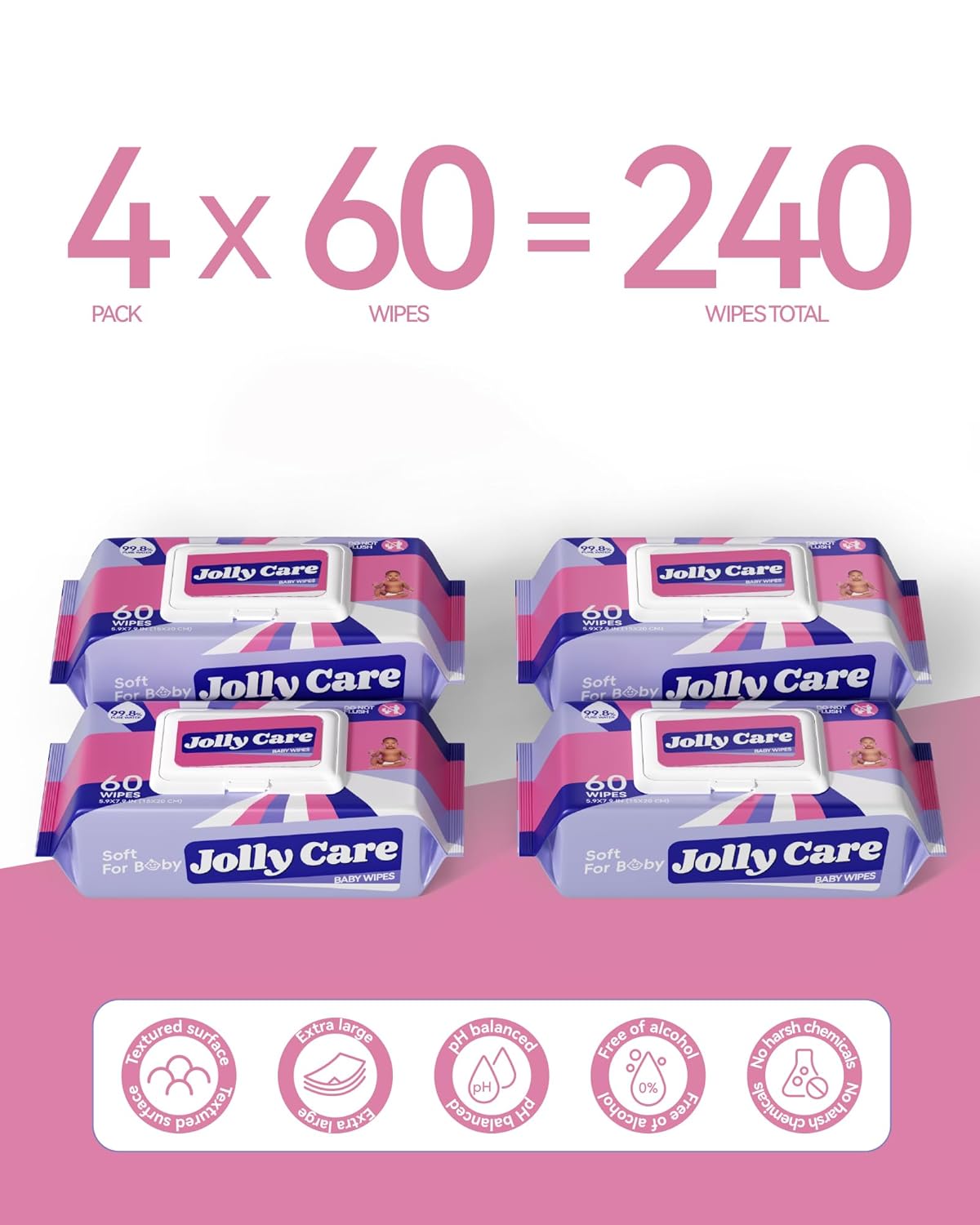 Sensitive Baby Wipes Unscented, 99% Water-based Wipes, Fragrance-free, Alcohol-free, Hypoallergenic, Soft, Large and Thick for Hands, Face, Toys, 4 Flip-Top Packs (240 Wipes Total)