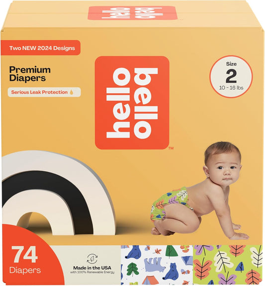 Hello Bello Premium Diapers Size 2, Happy Camper & Live Leaf Love Designs, 74ct Club Box