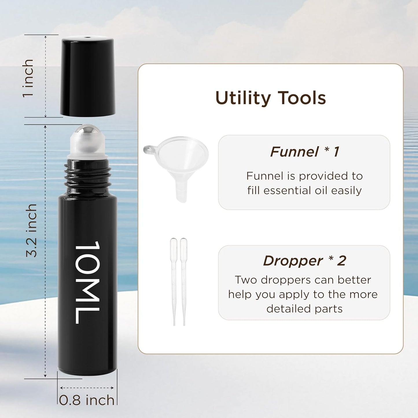 Essential Oil Roller Bottles, 10ml Thick Glass Perfume Roller Bottles with Funnel Opener and Dropper Colored Glass Empty Bottles with Stainless Steel Roller Balls (Black, 4 Pack)