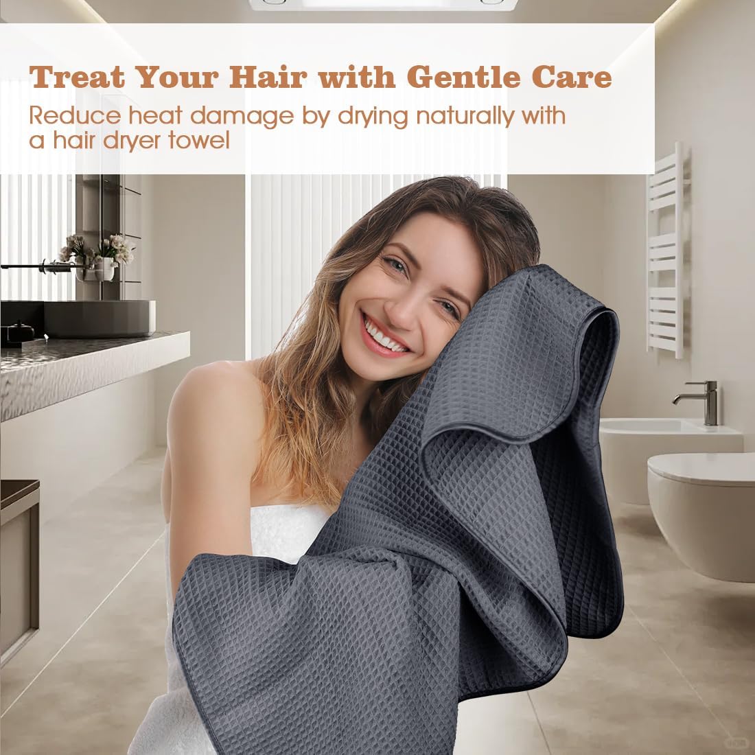 GLIMGLINT 2 Pack Large Microfiber Hair Towel Wrap for Women, Super Soft Hair Drying Towel, Fast Drying Waffle Hair Towel Wrap with Elastic Strap 40"X26.5" (Grey/Brown)