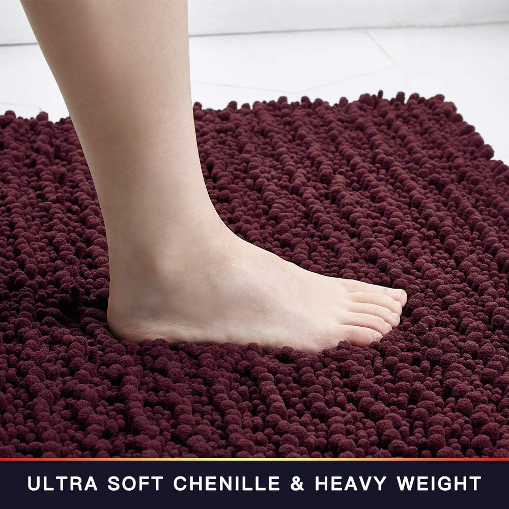 Walensee Large Bathroom Rug Non Slip Bath Mat (72x24 Inch Burgundy) Water Absorbent Super Soft Shaggy Chenille Machine Washable Dry Extra Thick Perfect Absorbant Best Plush Carpet for Shower Floor