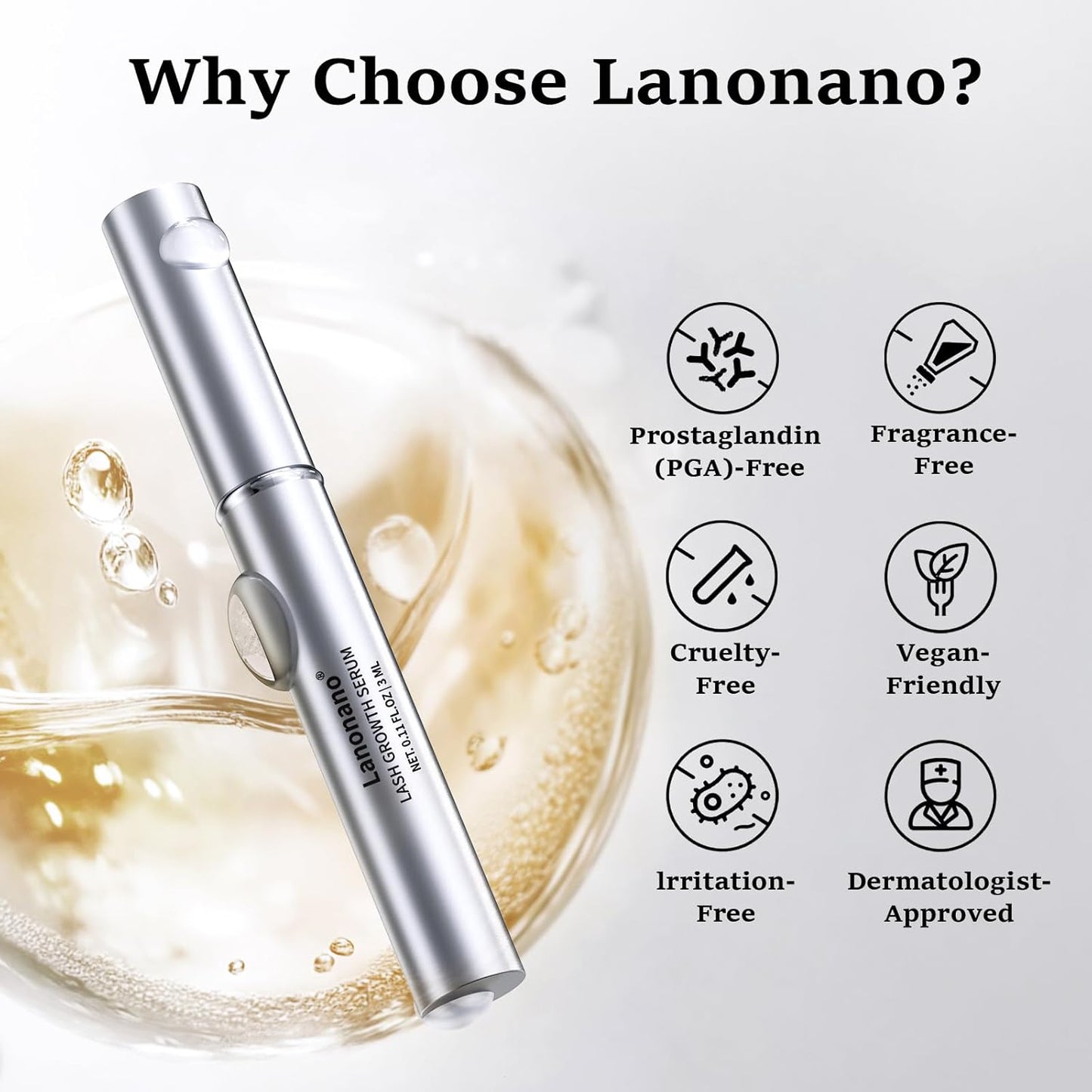 Lash Serum, Eyelash Growth Serum for Longer & Thicker Lashes, Eyelash Rapid Growth, Vegan & Cruelty-Free, 0.1 Fl Oz (3ml)