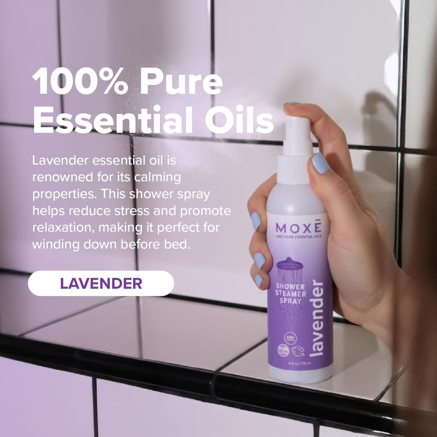 MOXE Lavender Oil Shower Mist, Spa Steam Spray, Certified Natural 100% Essential Oils, Made in USA, Aromatherapy, Tension Relief (4 FL Oz, Pack of 2)