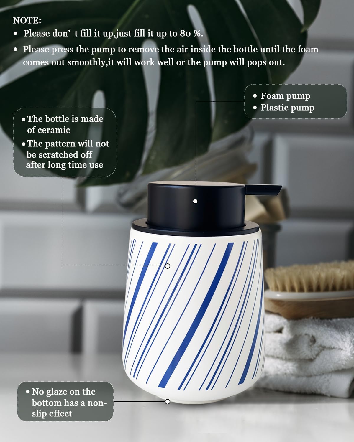 Chic Soap Dispenser Bathroom Ceramic Hand Foam Soap Dispenser for Bathroom Deco 12ounce Refillable Liquid Dispenser for Kitchen (Blue)