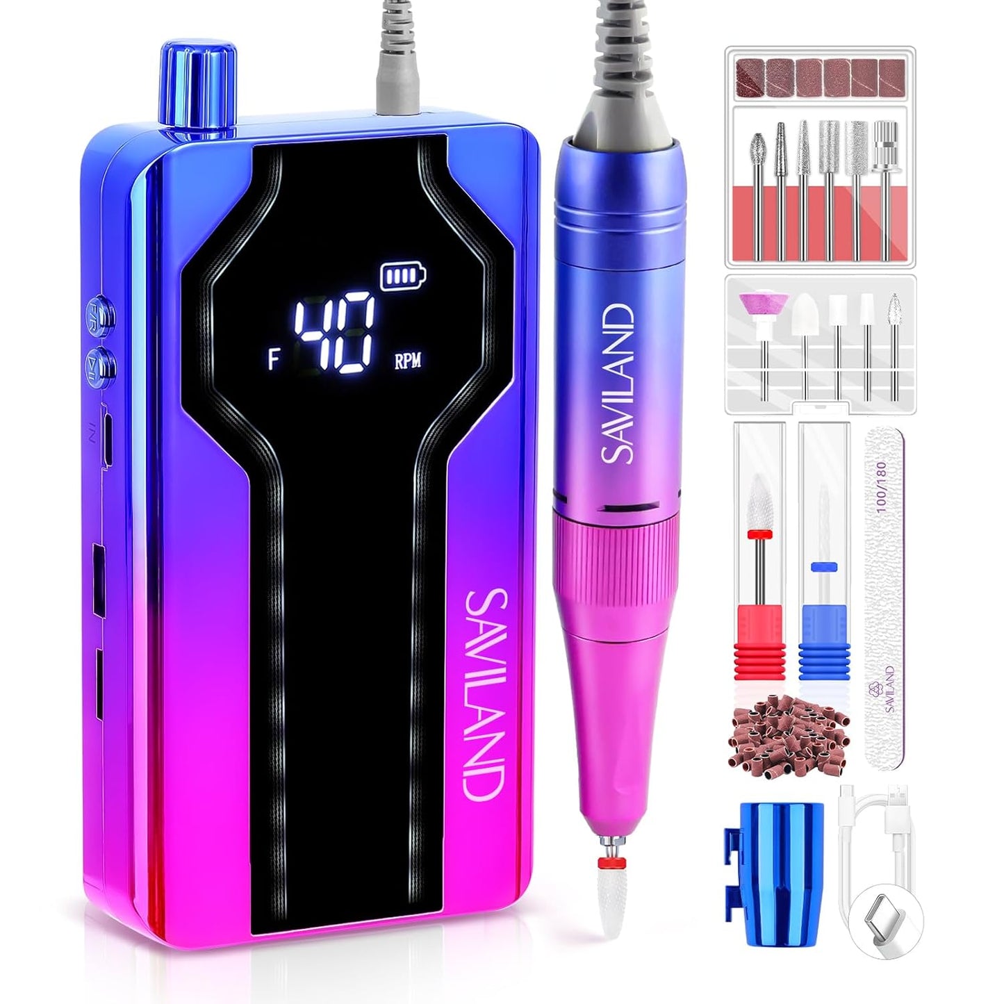 SAVILAND Nail Drill Professional: 40000RPM Nail Drill Machine 2024 Portable Nail File Faster Removal Acrylic Nails & Large Battery Capacity for Nail Art, Pedicure Manicure Home Nail Salon