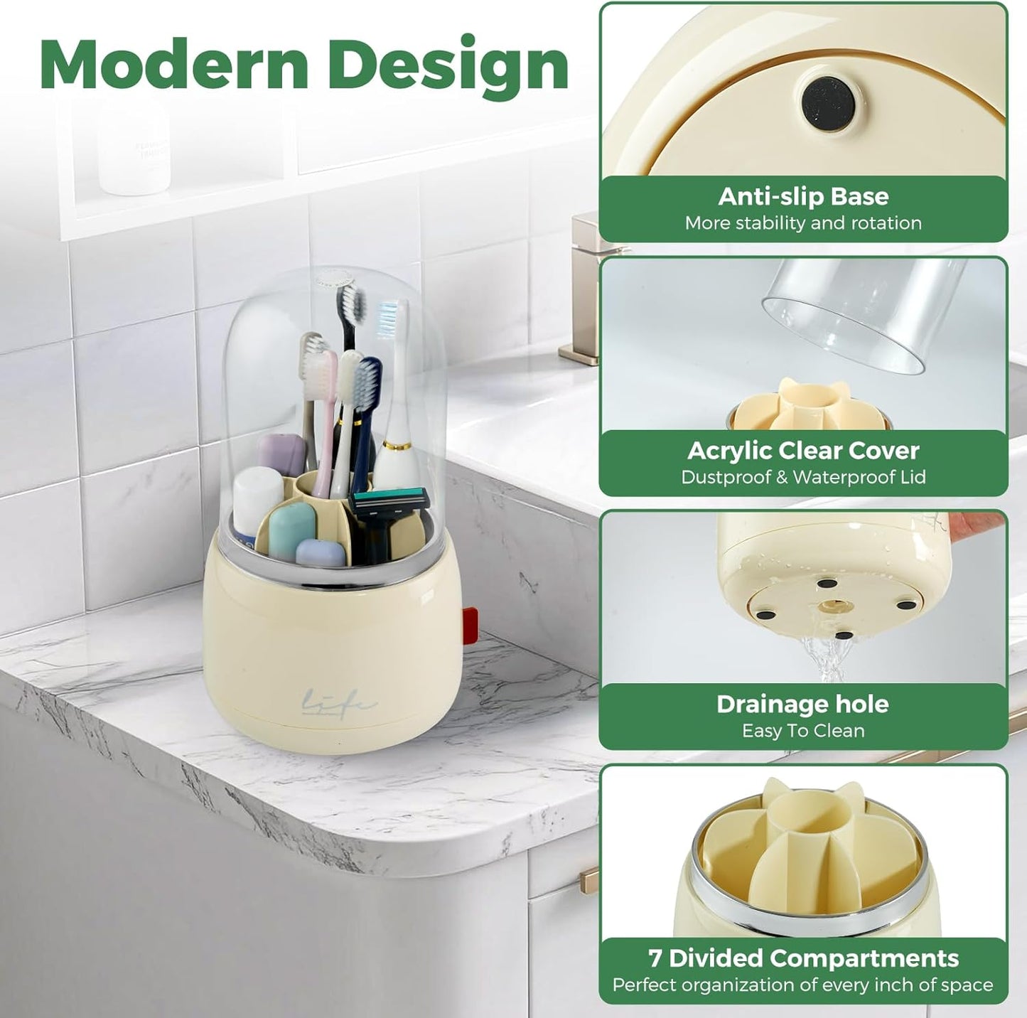 Toothbrush Holders for Bathrooms, Rotating 7 Slots Toothbrush Holder with Cover, Kids Electric Toothbrush and Toothpaste Holders for Caddy for Bathroom Vanity, Sink, Countertop, Beige