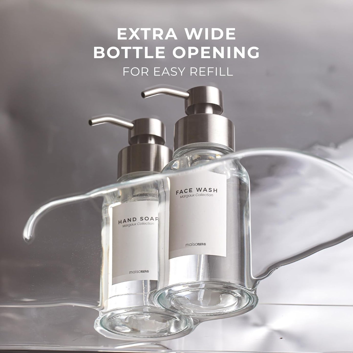 MaisoNovo Glass Foaming Soap Dispenser 14 Oz | Clear Glass Silver Pumps x 2