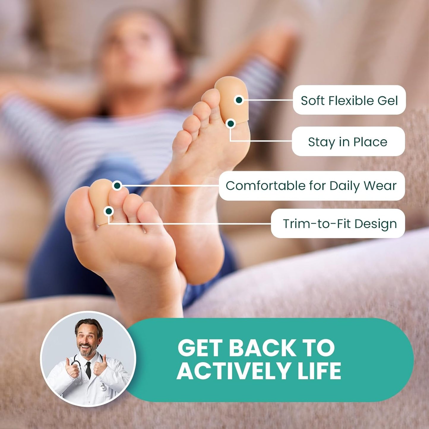 Welnove Gel Toe Cap and Protector - Silicone Toe Covers - Toe Cushions for Pain Relief, Missing or Ingrown Toenails, Corns, Calluses, Blisters (4 Large + 8 Medium, Beige), FSA or HSA Eligible