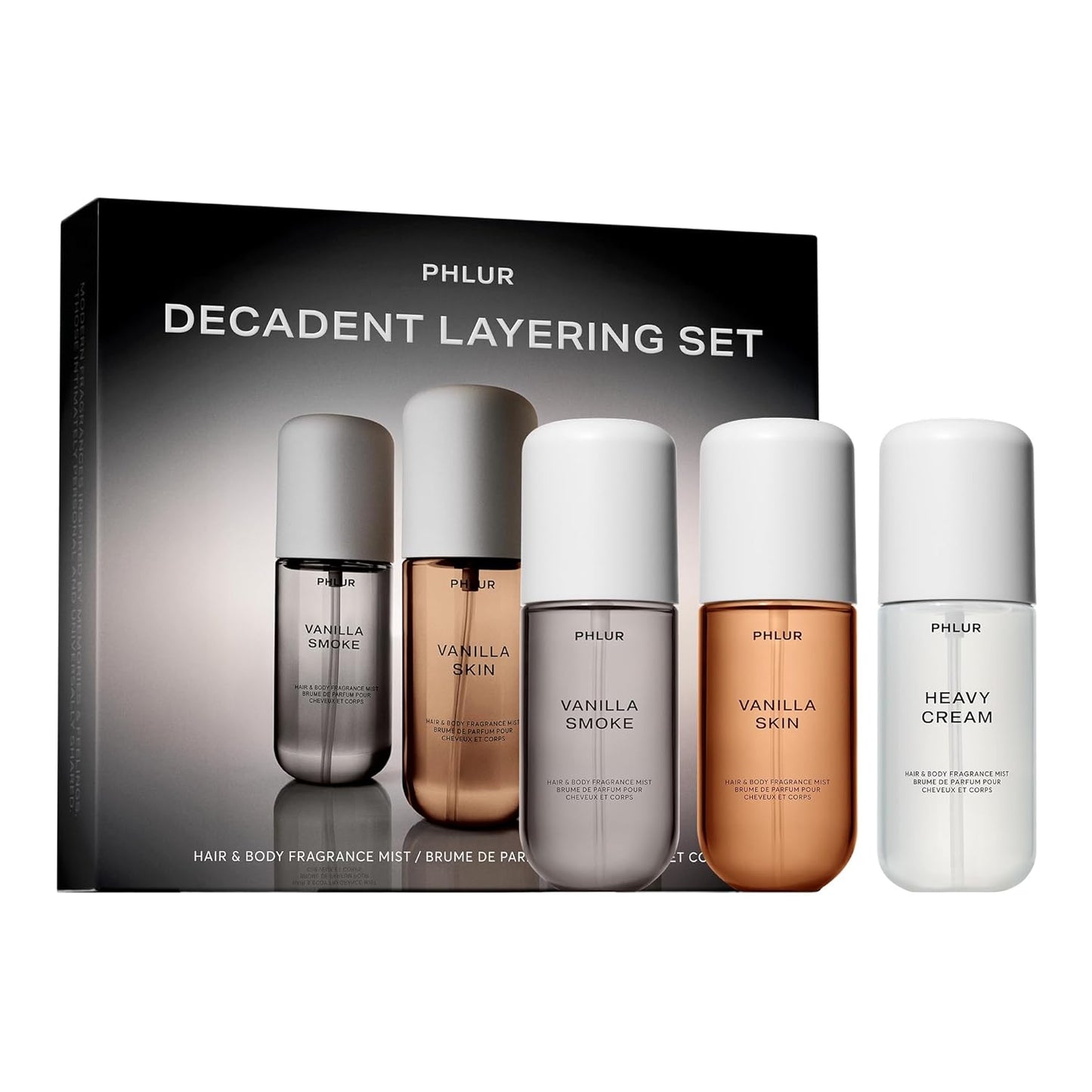 PHLUR Decadent Layering Set - Travel Size Body Mist Gift Set - Vanilla Smoke, Vanilla Skin, & Heavy Cream - Travel Size Hair and Body Fragrance Mist Trio (3 x 3 fl oz)