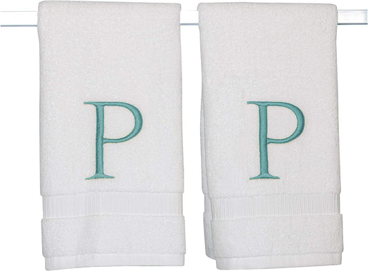 Teal Monogrammed Hand Towel for Bathroom - Initial Hotel Quality Decorative Embroidered Luxury Towel for Powder Room, Spa - GOTS Organic Certified - Pack of 2, Letter P