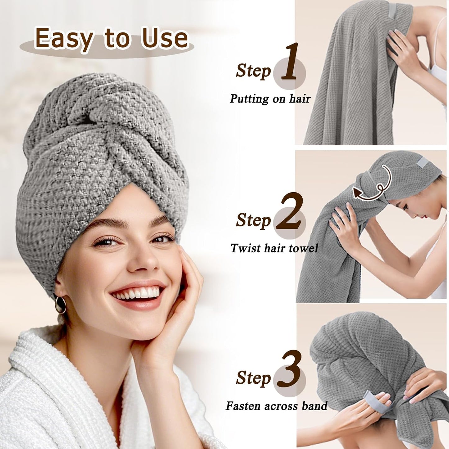 Large Microfiber Hair Towel for Women,Super Soft Anti Frizz & Quick Dry for Curly Hair,Ultra Absorbent Hair Wrap Towels for Long,Thick,Wet Hair 24x42 Inches (Grey)