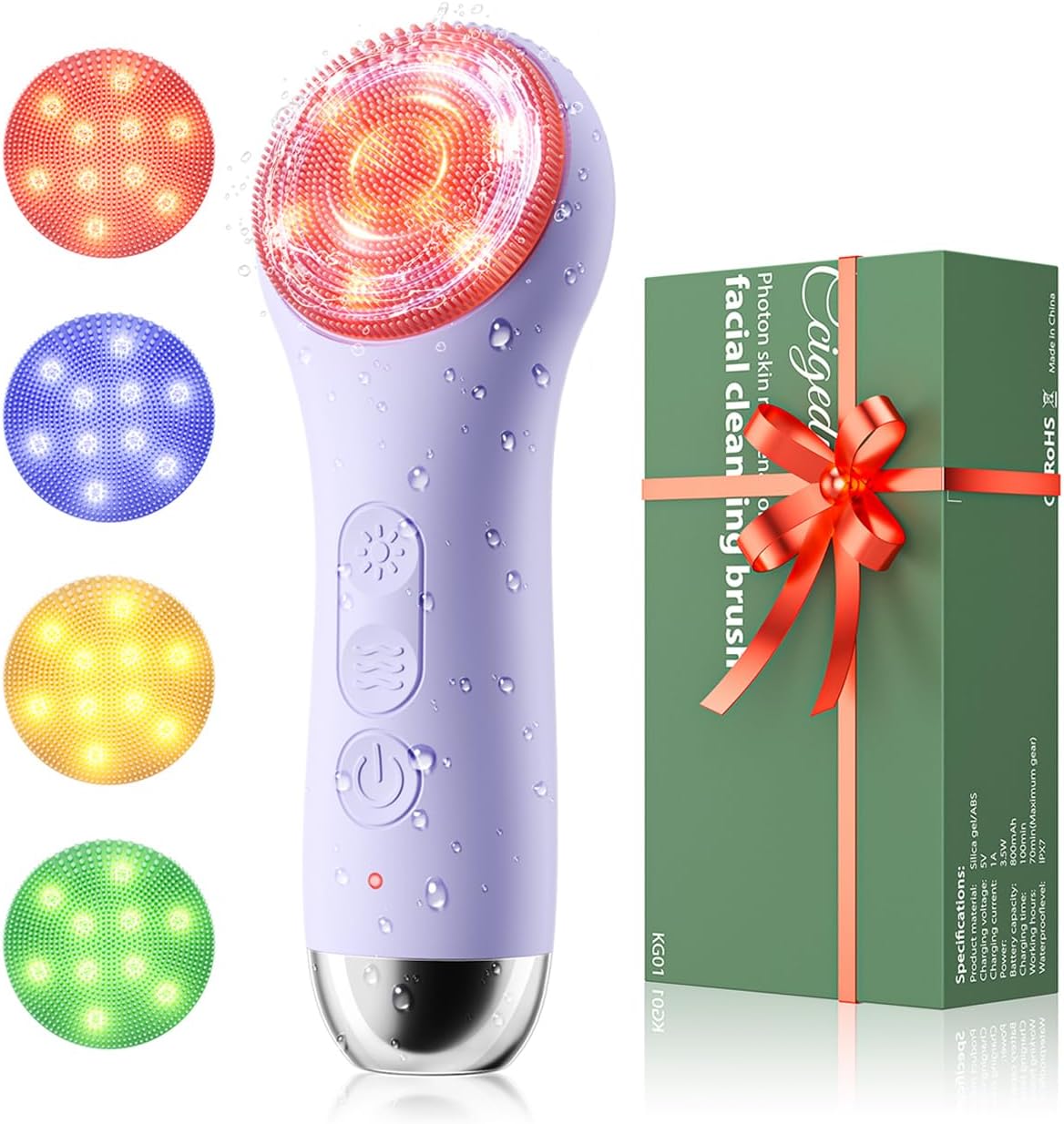 Facial Cleansing Brush Face Scrubber - Rechargeable Electric Face Cleansing Brush with 4 LED Gentle Light Liquid Silicone Modes Exfoliator,IPX7 Waterproof Ideal Gift for Men and Women-Purple