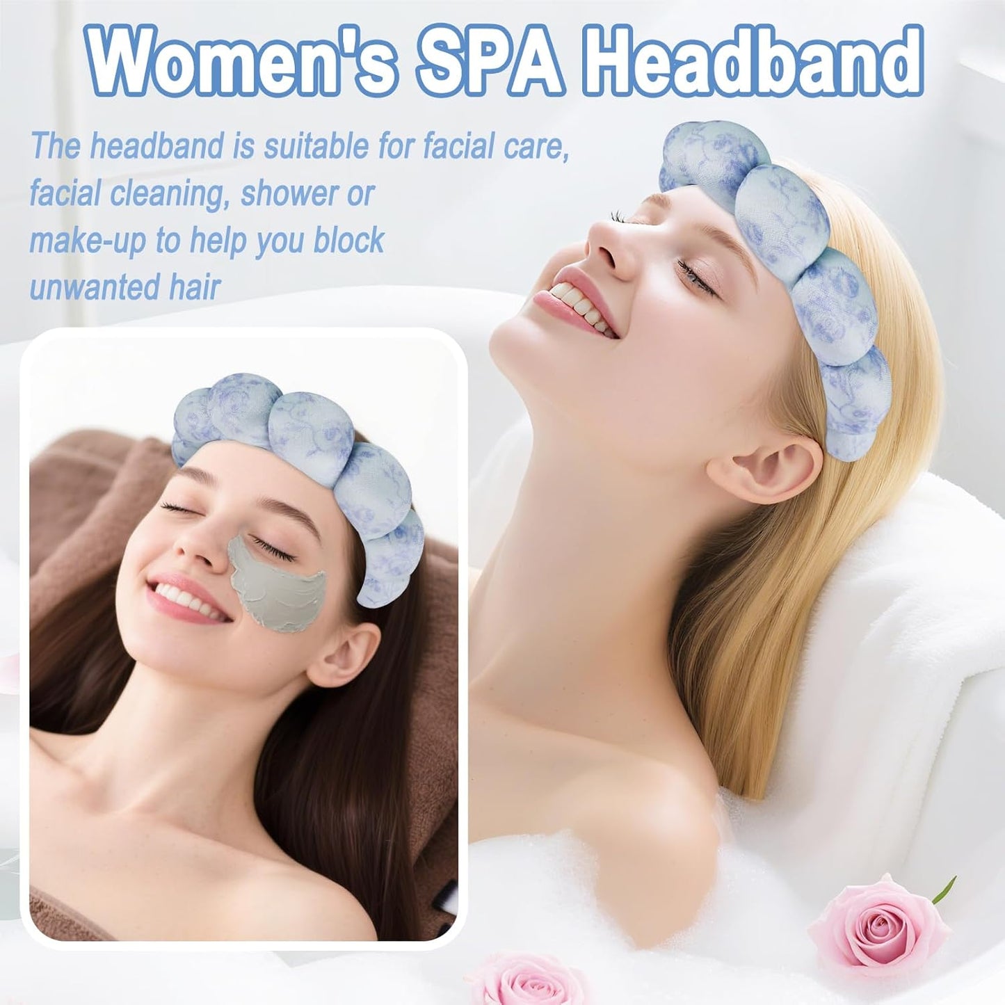 Zkptops Spa Headband for Washing Face Wristband Set Flower Sponge Makeup Skincare Velvet Fabric Bubble Soft Get Ready Hairband for Women Puffy Headwear Non Slip Thick Thin Hair Accessory(Blue Flowers)