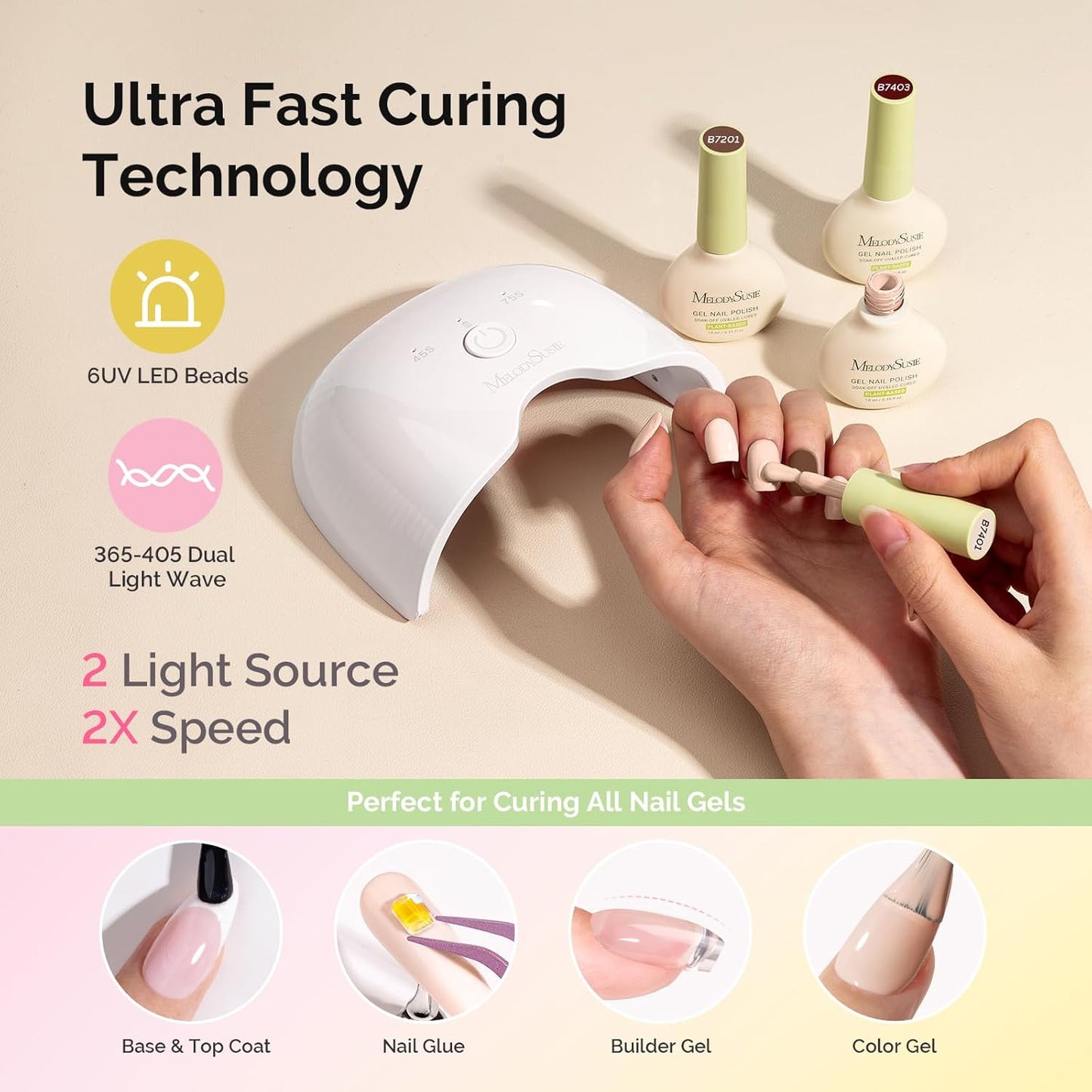 Melodysusie Gel Nail Polish Kit with Cordless UV Nail Lamp, ART06F UV Light for Plant Based Hema Free Fall Nails Polish No Wipe Glossy Top Coat Base Coat Builder Gel Set Manicure Tools Gift for Woman