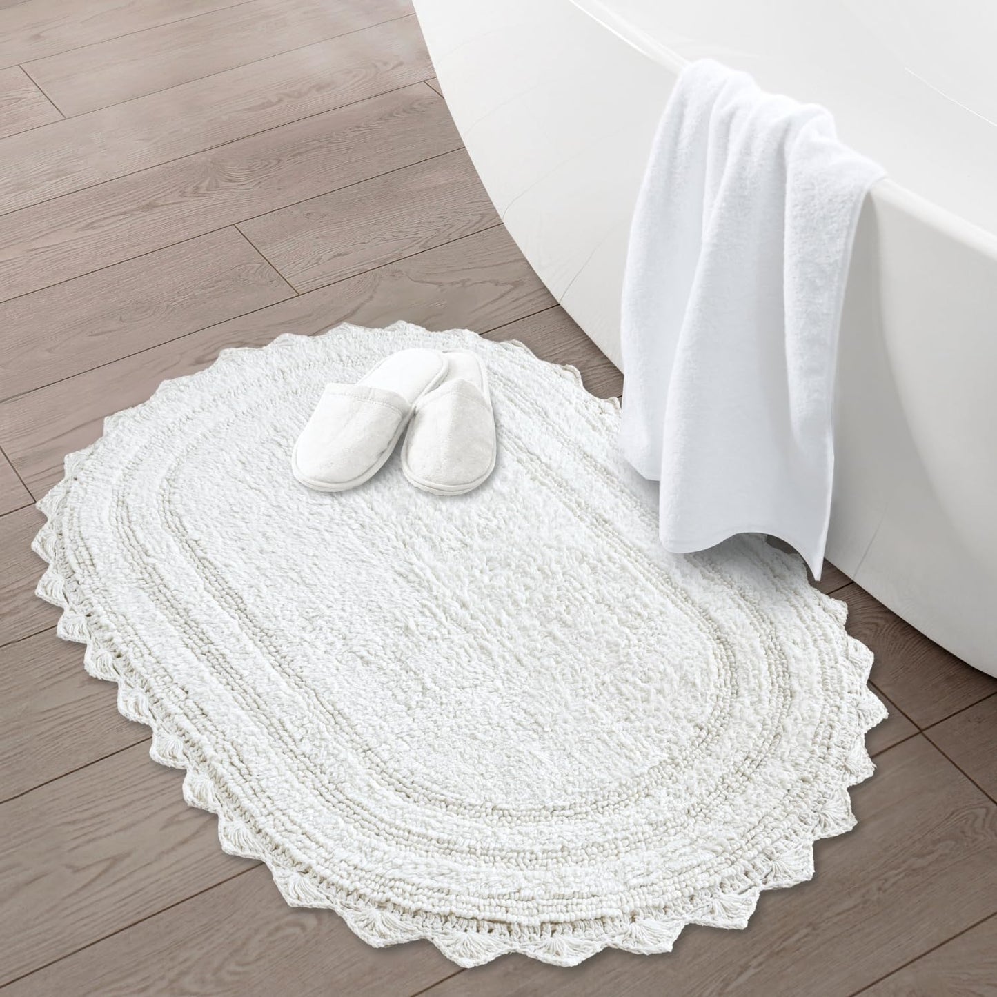 RAJRANG White Cotton Bathroom Rug Oval 21x34 Inch – Reversible Crochet Bath Mat for Bathroom, Entryway or Kitchen – Soft & Washable