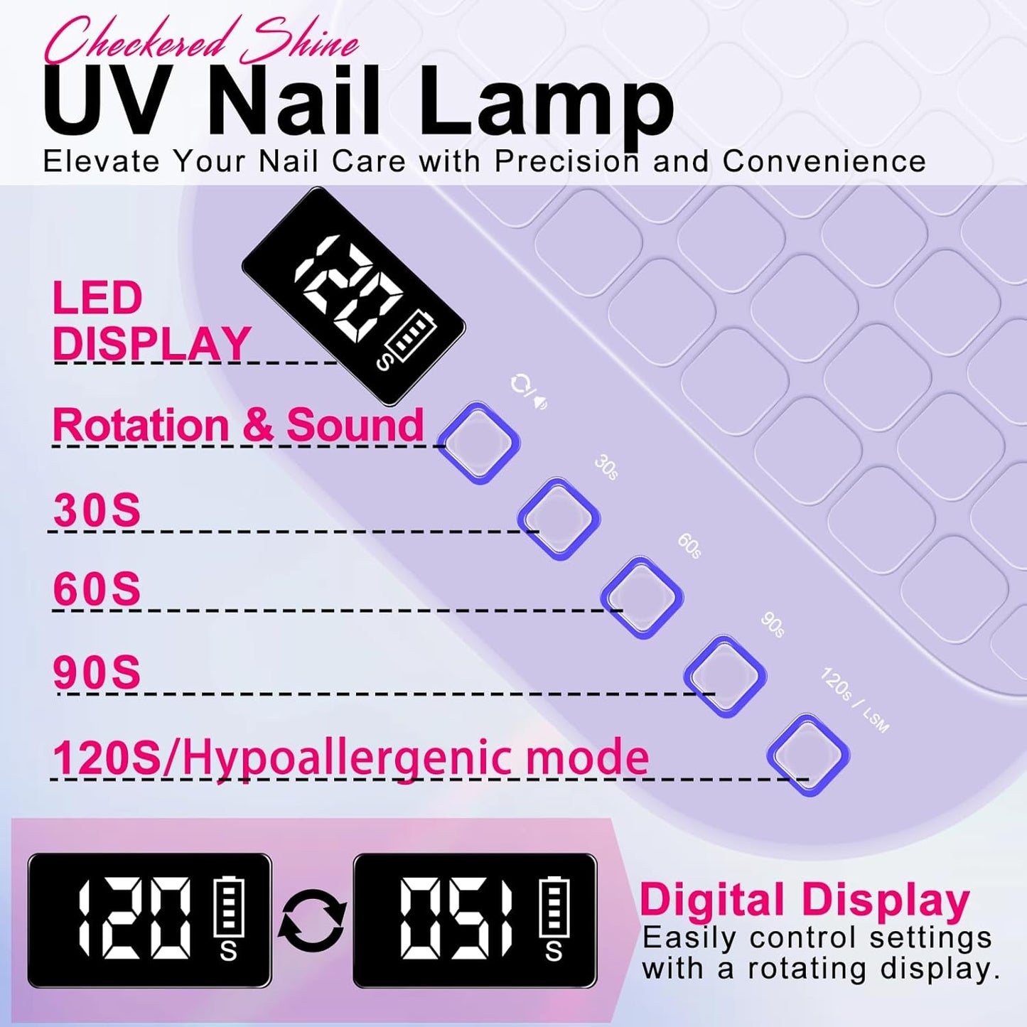 MEKK Cordless UV LED Nail Lamp,54W UV Light for Gel Nails with Hand-Friendly Red Light Beads,Auto Sensor & 4 Timer Settings Professional Flash Cure Lamp for Salon and Home,Checkered Design-Purple
