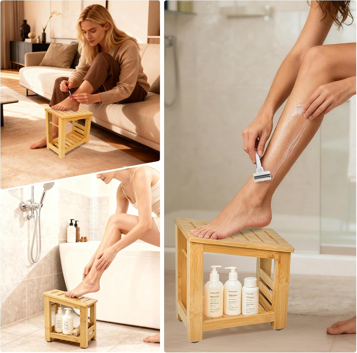 Shower Foot Rest, Small Bamboo Foot Stool with Storage Shelf, Shower Stool for Shaving Legs, No Assembly Required, Natural (Bamboo)