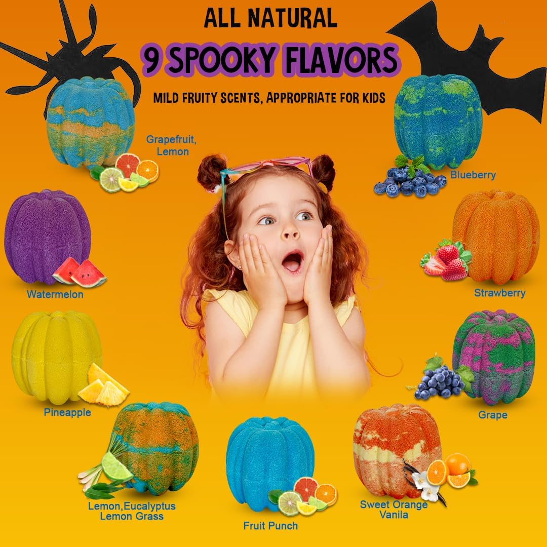Bath Bombs for Kids with Surprise Toys Inside - Set of 9 Organic Halloween Bath Bombs, Gentle and Safe - Fizzy Balls with Rainbow Bubbles, Halloween Gifts for Kids