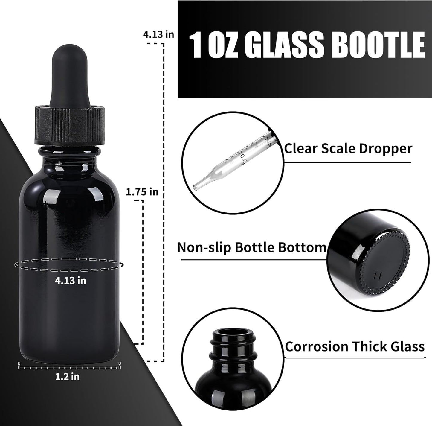 24 Pcs, 1oz Glass Dropper Bottle, Leakproof Tincture Bottles with Dropper, Black Reusable Eye Dropper Bottle for All Kinds of Liquids (Black,1oz-24pcs)