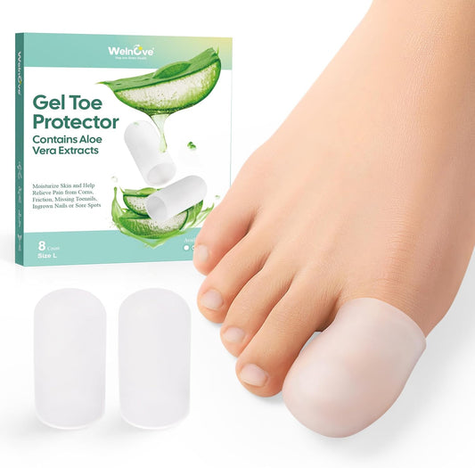 Welnove Gel Toe Cap and Protector - Silicone Toe Covers - Toe Cushions for Pain Relief, Missing or Ingrown Toenails, Corns, Calluses, Blisters - Infused Aloe Vera Extract (8 Large, Clear)