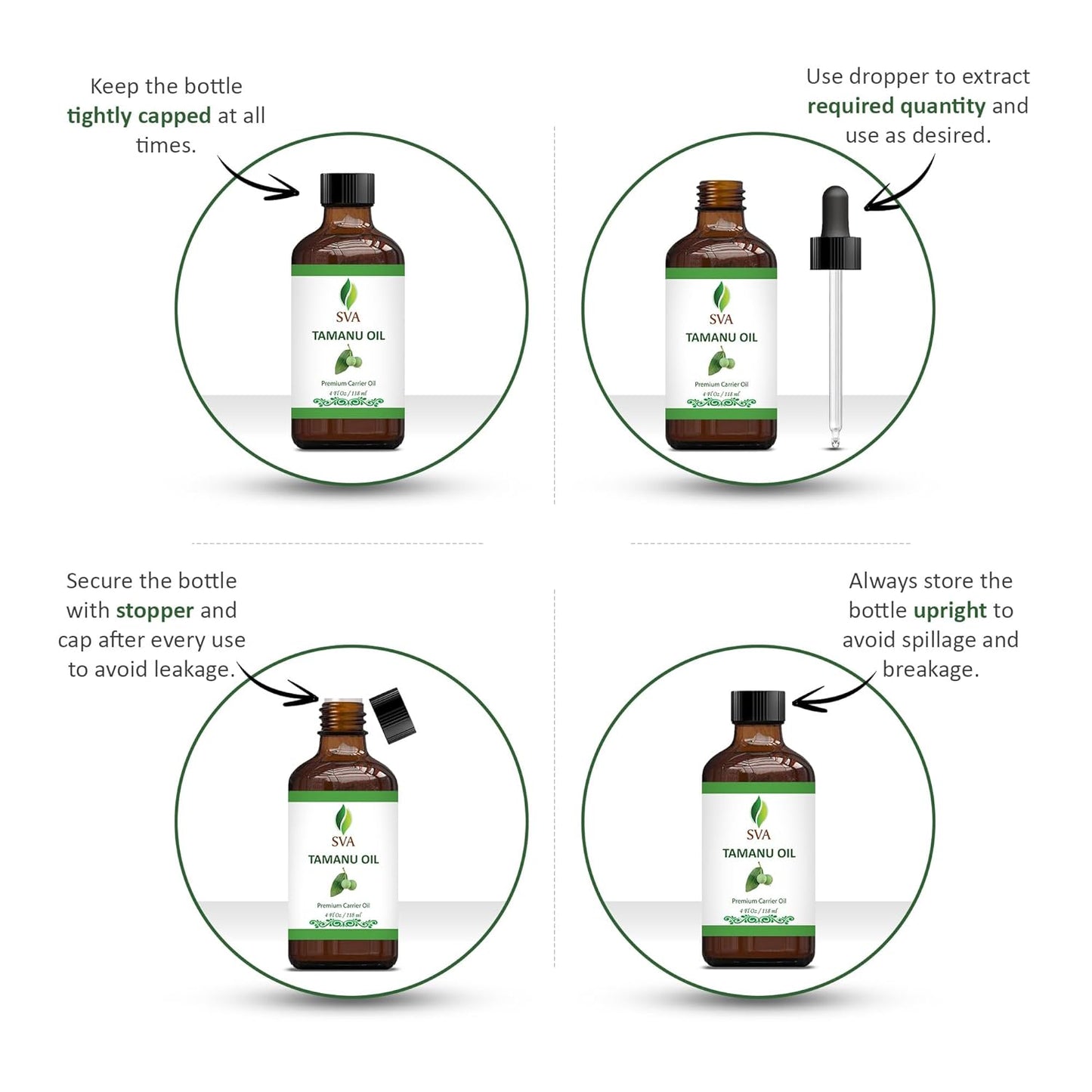 SVA Tamanu Oil - 4 Fl Oz – 100% Natural Cold Pressed Tamanu Oil - for Face, Skin Care, Hair Care, Scalp Massage & Body Massage – Carrier Oil with Dropper