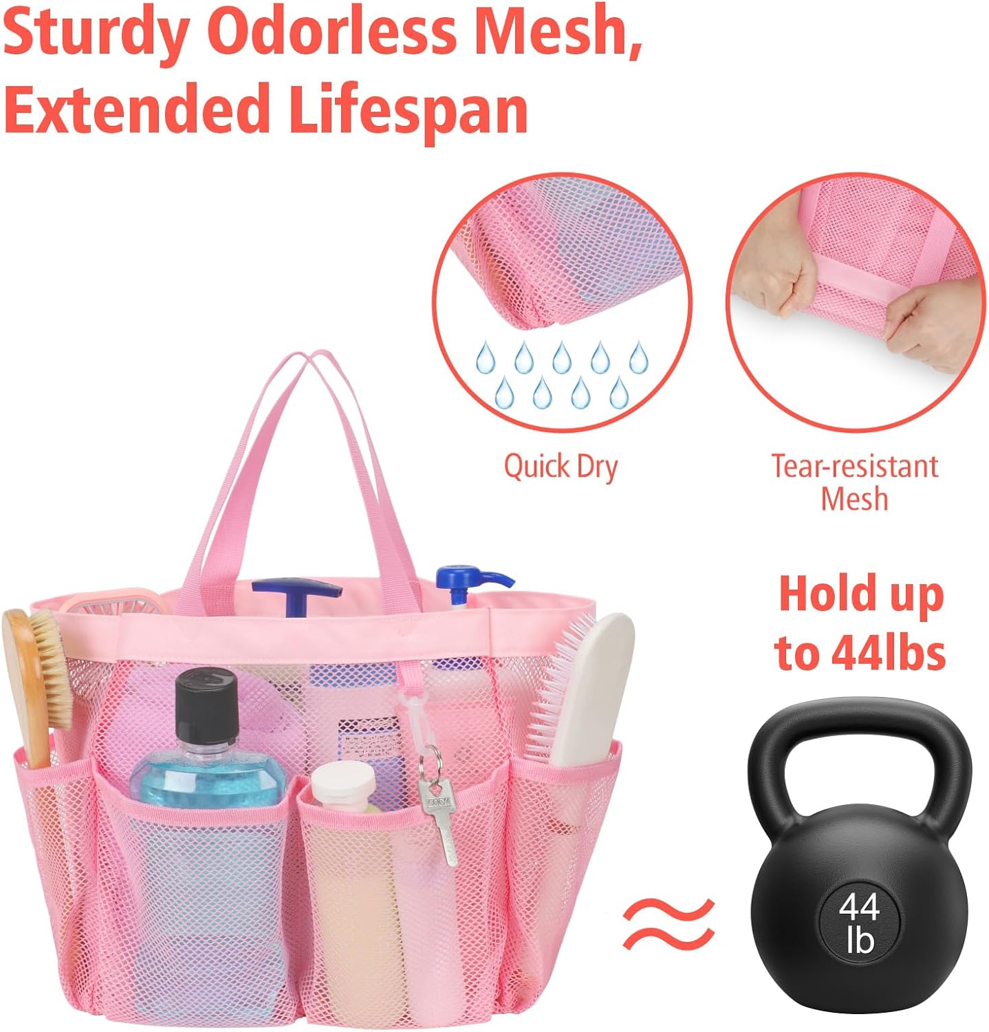 F-color Mesh Shower Caddy Portable, Upgrade Deeper 7 Pockets Shower Bag Basket Tote for College Dorm Room Toiletry Bathroom Essentials Gym Camp Quick Dry 2 handles with S Hook, Pink