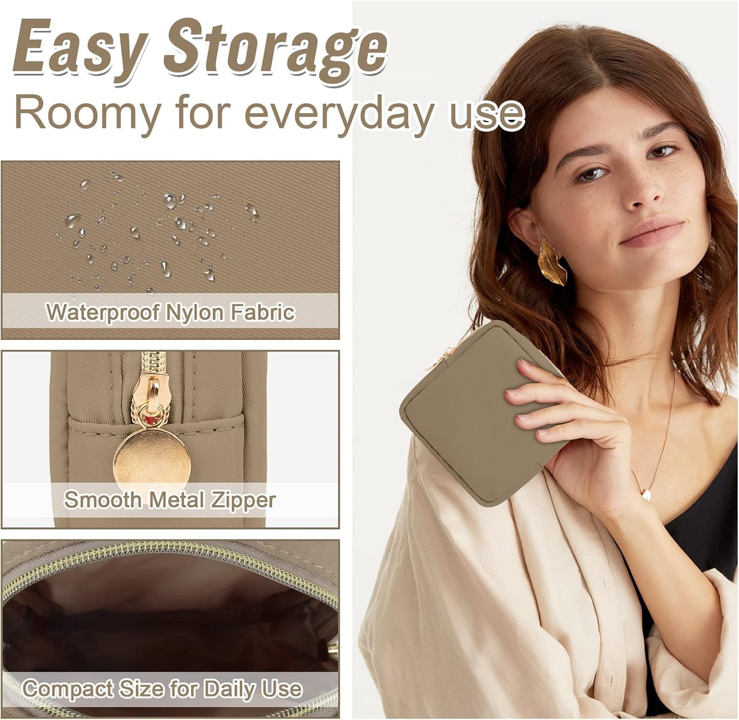 Nylon Mini Makeup Bag for Purse, Preppy Small Cute Makeup Bag Cosmetic Zipper Pouch Purse, Waterproof Travel Coin Pouch Sanitary Napkin Storage Bag Clutch Makeup Organizer Pouch for Women Girls(Khaki)