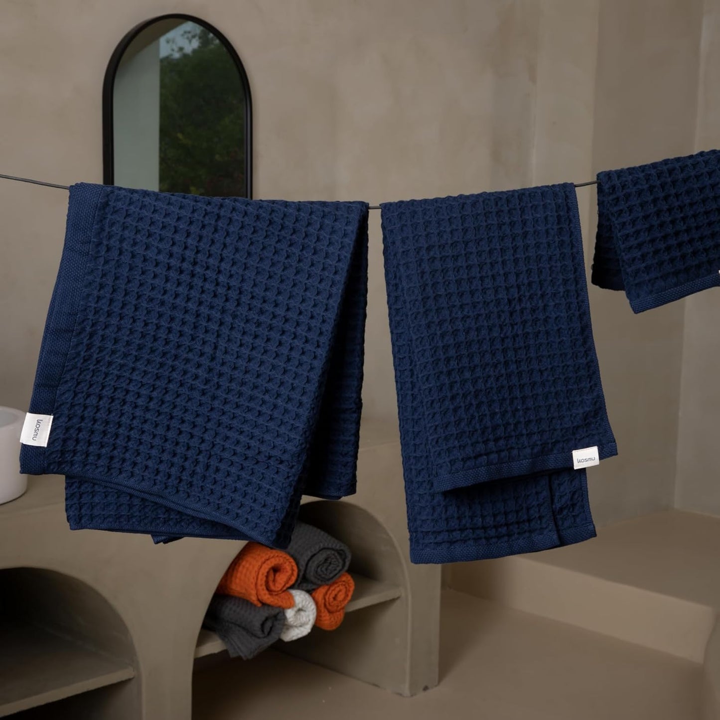 Luxury Japanese Cotton Waffle Bath Towel | Plush, Absorbent, and Quick Dry | Free Storage Bag Included (Ocean Blue, Bath Sheet, 67" x 34")