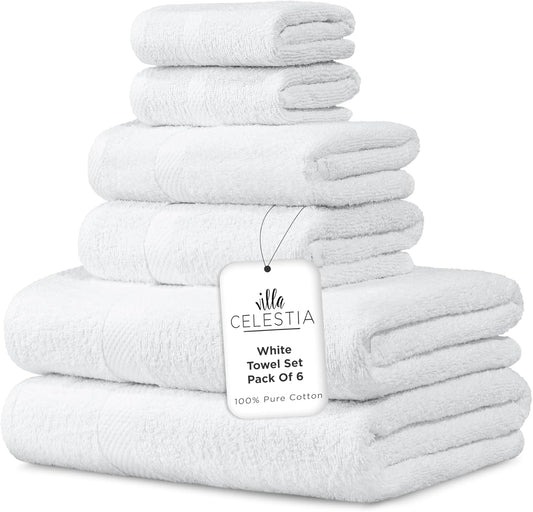 100% Combed Cotton Bathroom Towel Set of 6- 2 Bath Towels, 2 Hand Towels, 2 Wash Cloths, Sustainable, Soft, Highly Absorbent 6 Piece Cotton Bath Towel Set Ideal for Hotels, Spa, Bathroom, Dorm, White
