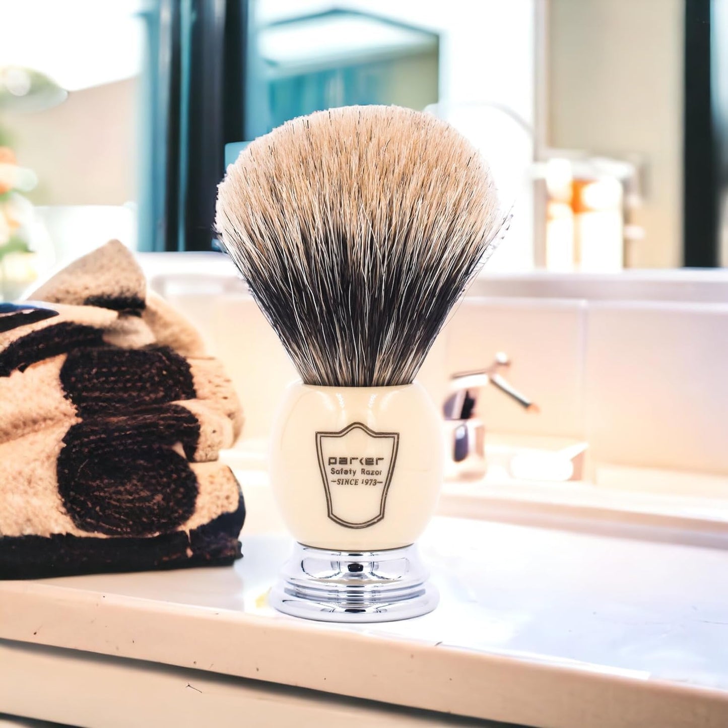 Parker Pure Badger Shaving Brush with Faux Ivory & Chrome Handle + Stand | 22mm Knot for Rich Lather | Handcrafted Shaving Tool for Cream or Soap | Classic Wet Shaving Brush | Iconic Brand