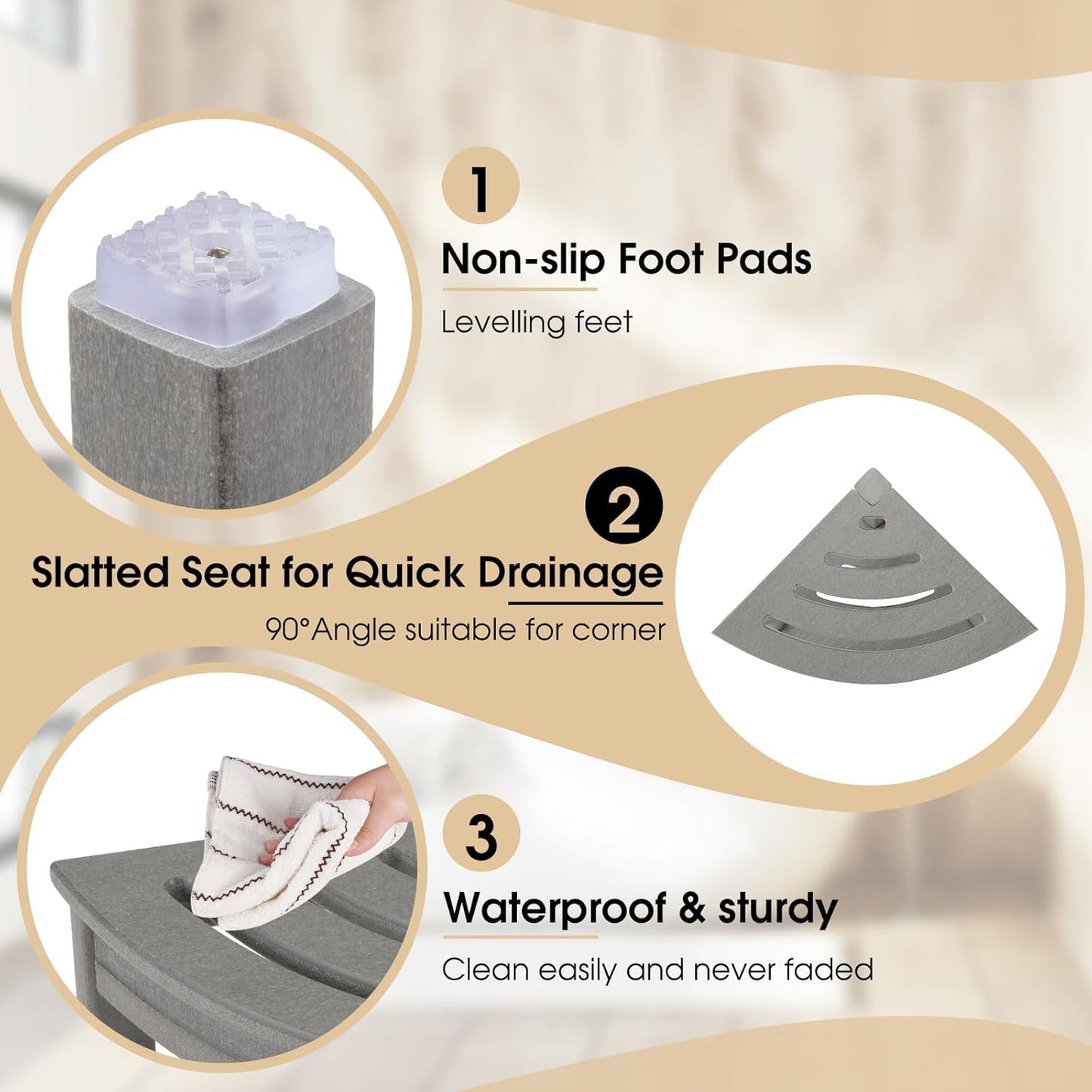 HDPE Corner Shower Stool,Shower Bench Seat with Storage Shelf for Shaving Legs Plastic Spa Bath Step Foot Rest for Bathroom Small Place (Grey)