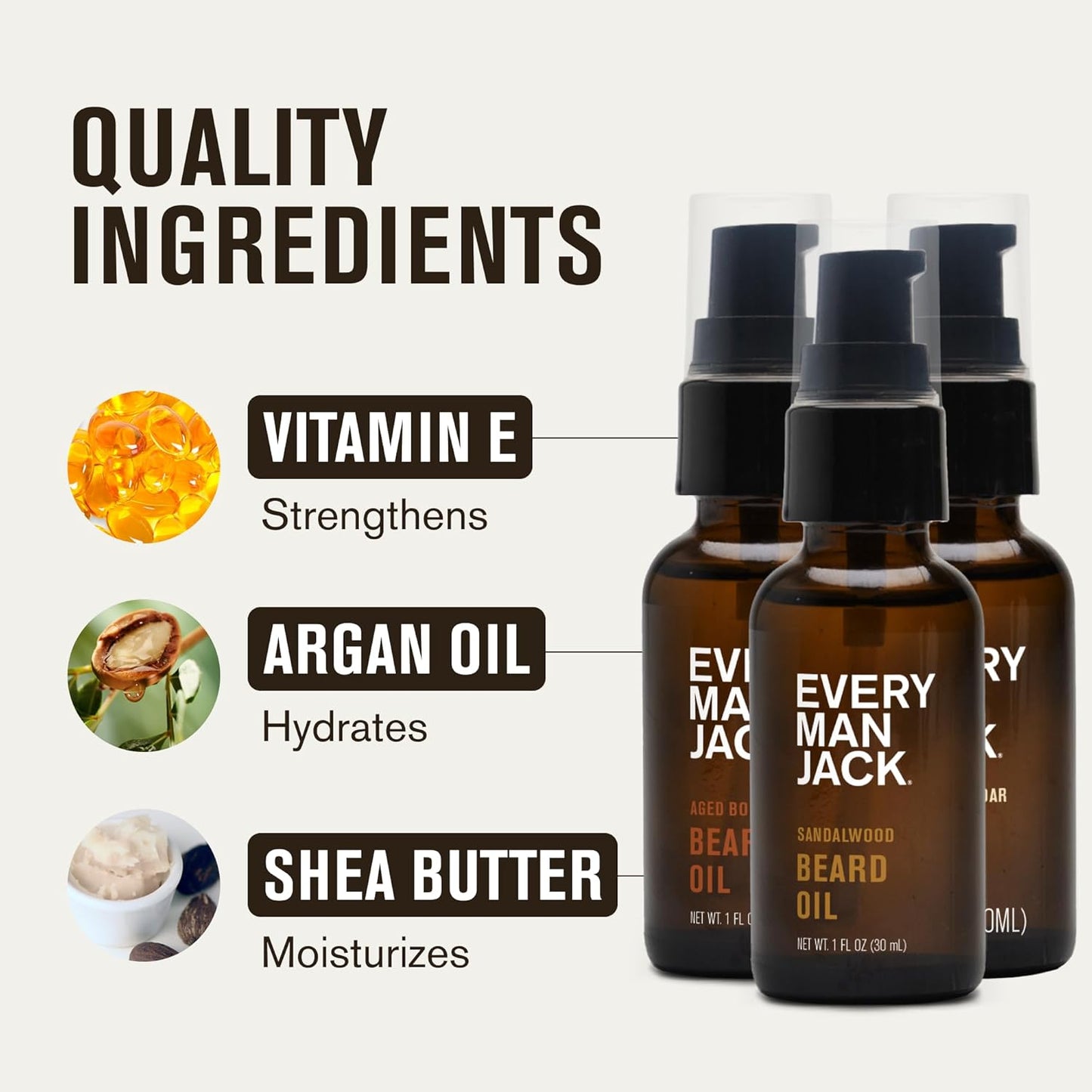 Every Man Jack Mens Beard Oil Variety Pack - 1 Each of Sandalwood, Vanilla + Cedar, and Aged Bourbon - Softens Your Beard & Adds a Natural Shine - Naturally Derived w/Shea Butter - 1 fl oz (3 Pack)