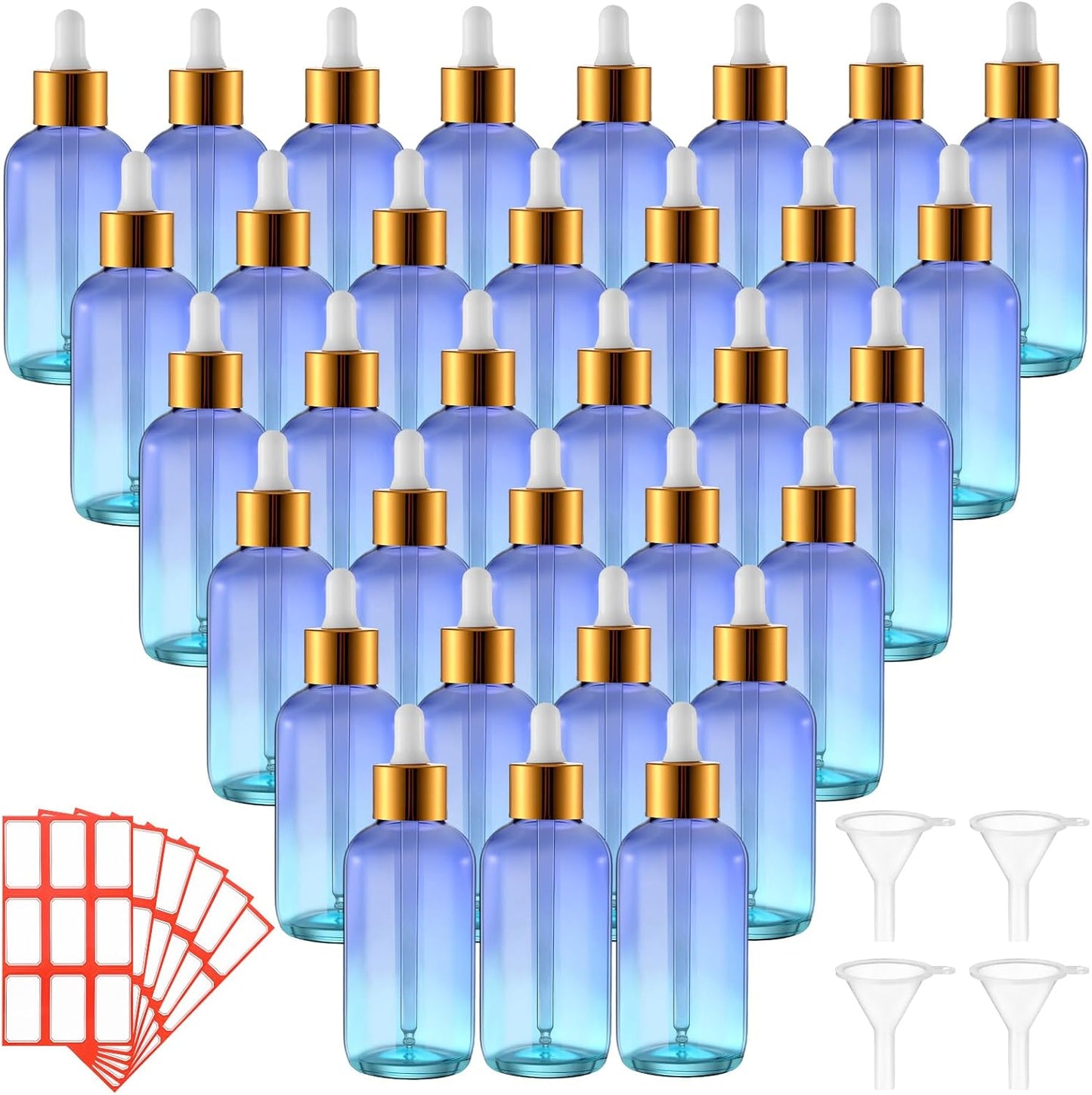 Dandat 50 Pack 4 oz Glass Dropper Bottles Leakproof 120 ml Glass Tincture Bottles with Eye Droppers, 4 Funnels, 54 Labels for Essential Oil Perfumes Hair Oil(Blue Gradient)