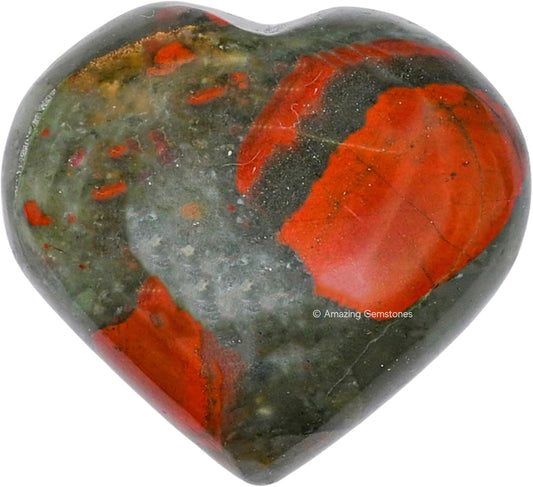 Amazing Gemstone African Bloodstone Crystal Heart Palm Stone - Pocket Massage Worry Stone for Natural Body Chakra Balancing, Reiki Healing and Crystal Grid