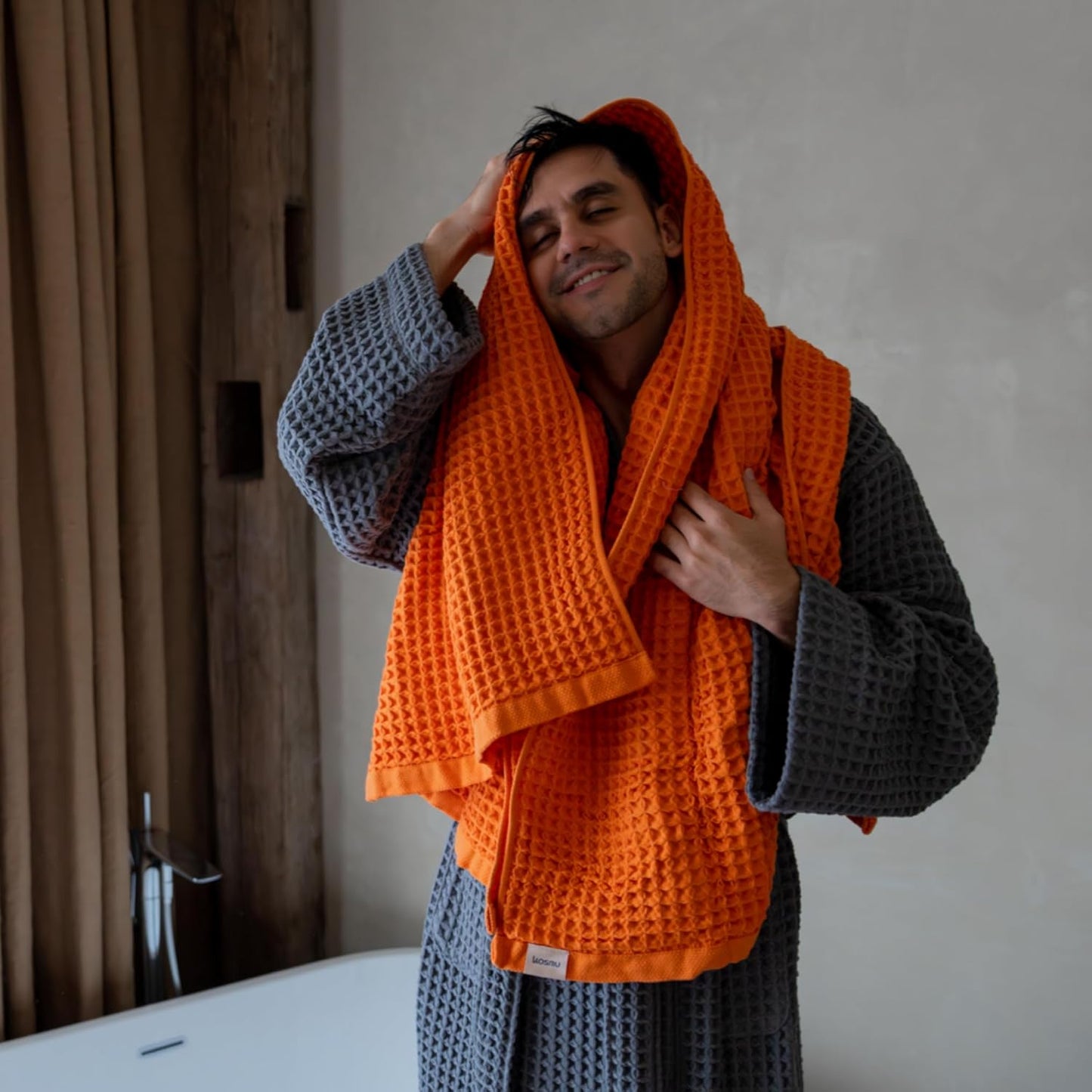 Luxury Japanese Cotton Waffle Bath Towel | Plush, Absorbent, and Quick Dry | Free Storage Bag Included (Coral Orange, Bath Sheet, 67" x 34")