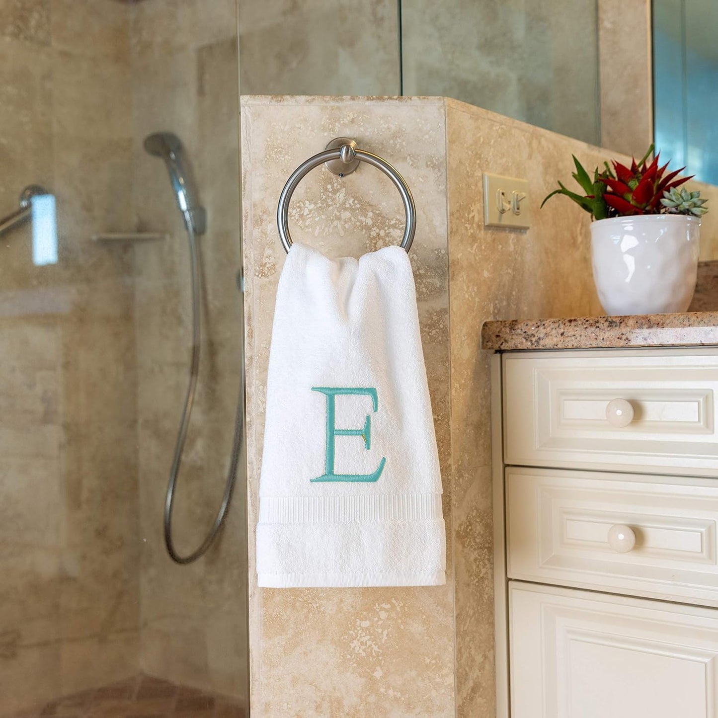 White Monogram Hand Towel for Bathroom - Monogrammed Initial Hotel Quality Decorative Embroidered Luxury Towel for Powder Room, Spa - GOTS Organic Certified - Set of 2 Teal Letter E
